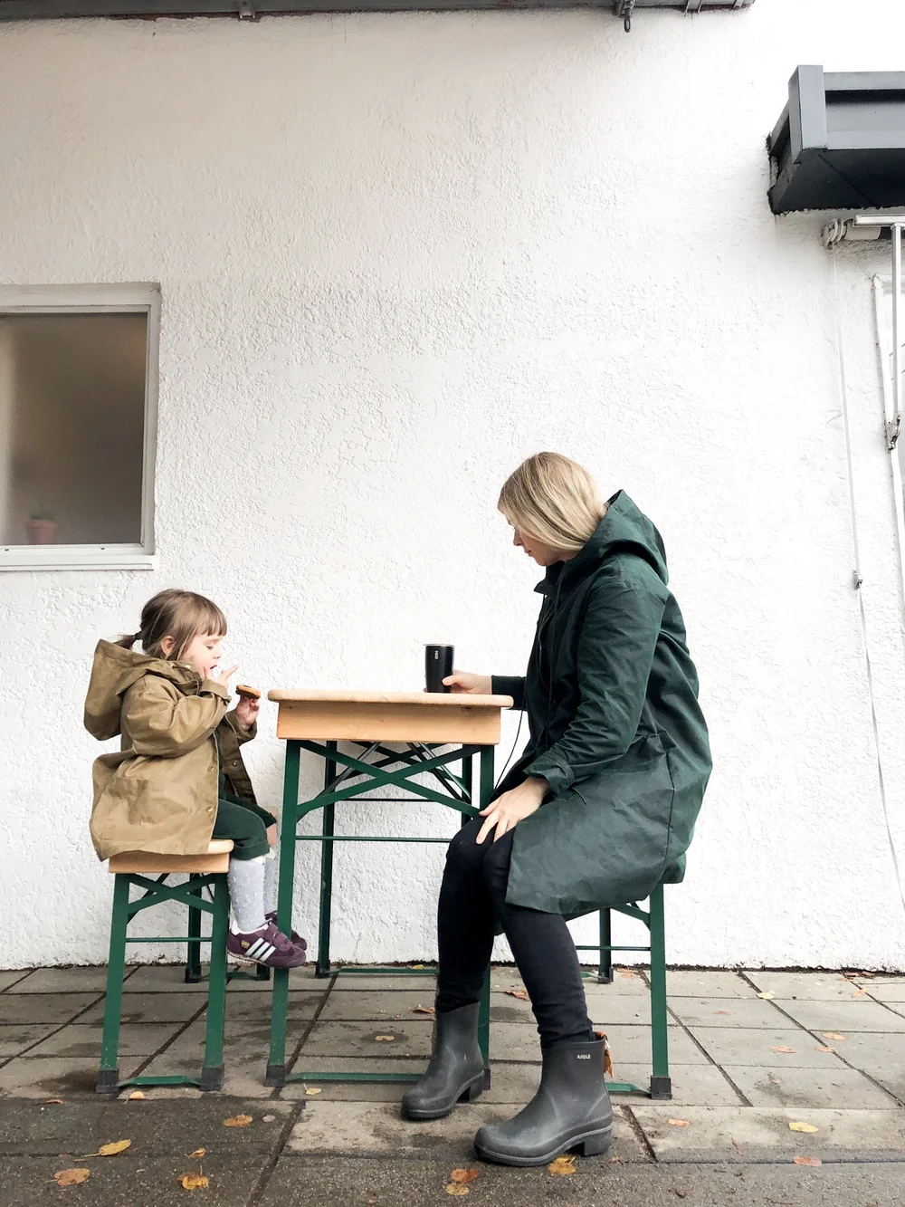 Me and Mae in our coats on those awkward half rainy days.