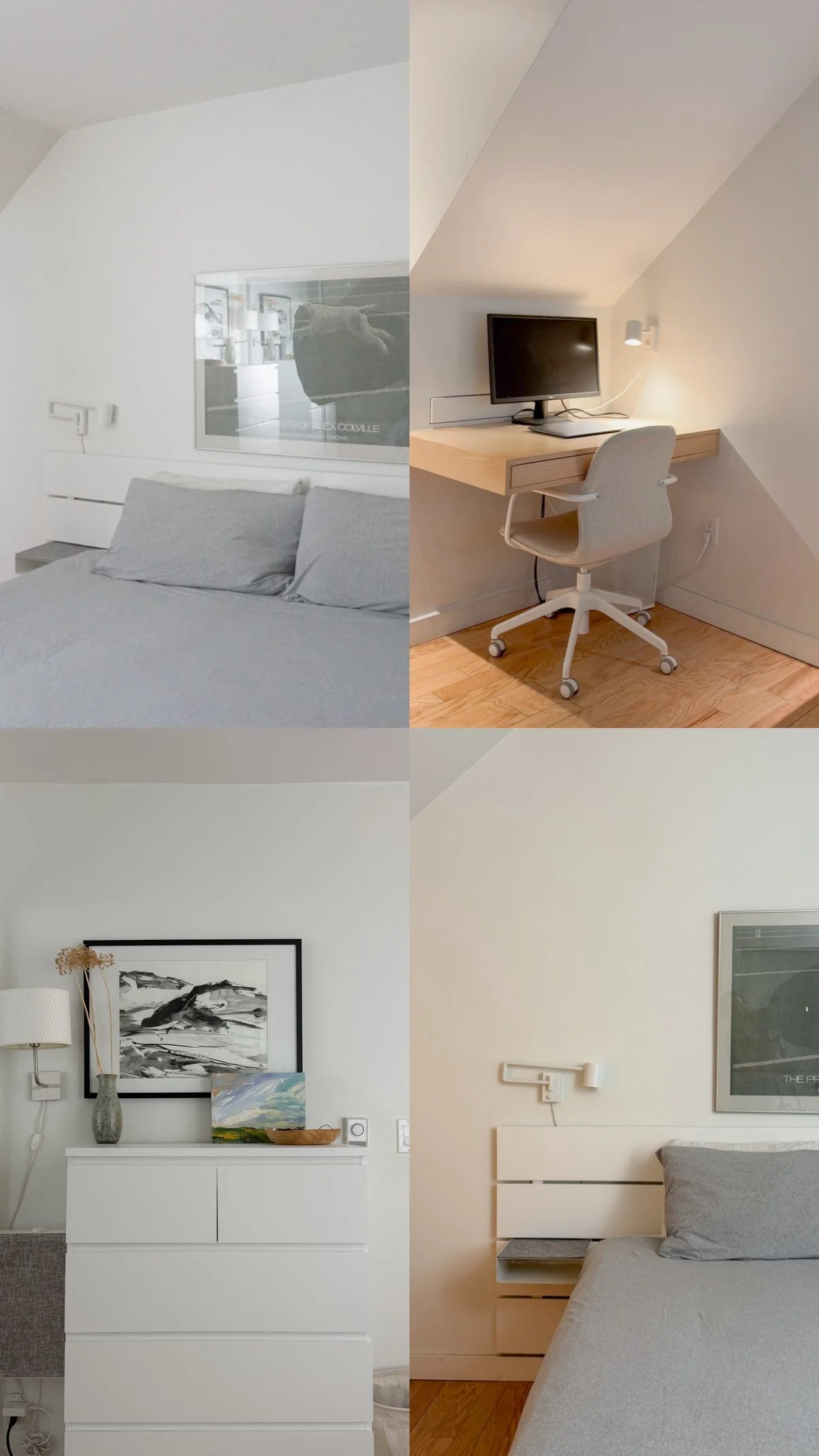 small bedroom with wall mounted desk in corner