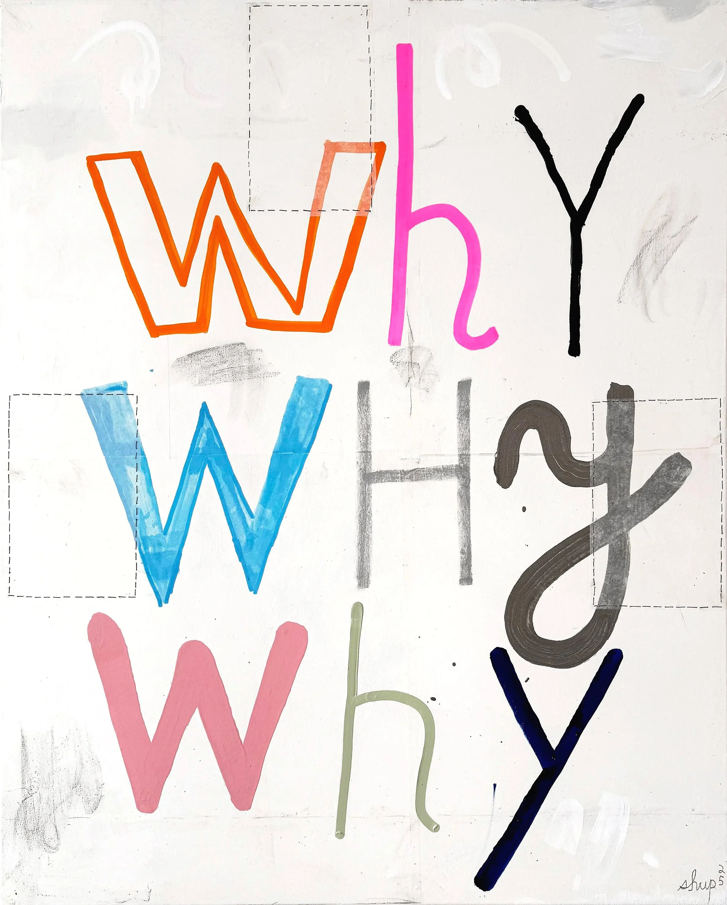 WHY, 2025, paint, ink and rice paper on canvas, 100x81cm
