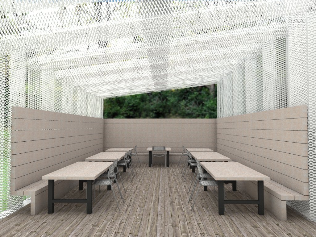 Interior view from the beneath the mesh pavilion filters the light and views of the trees and sky
