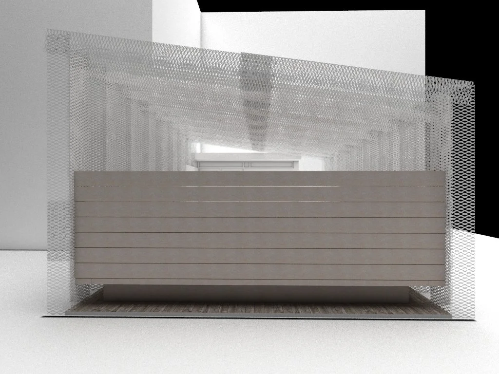   Balance &nbsp; &nbsp;wood wraps the seating area, interlocking with the folded mesh structure. solidity and weightlessness  