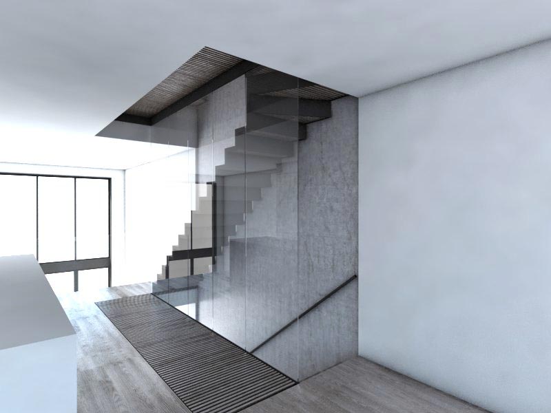 Elements wood slats create the stairs and portions of the carved floors, floor-to-ceiling glass panels offer transparent protection, concrete wall finish helps to define the carved stairwell.