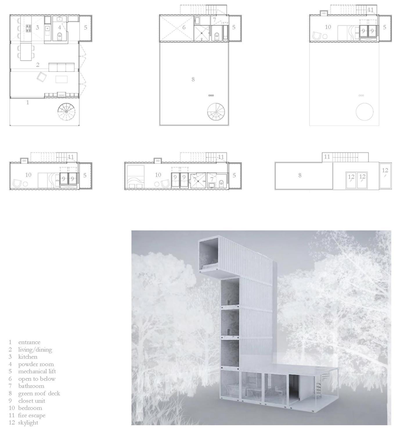   CONTAINED v.2 &nbsp;&nbsp; conceptual project exploring the potential of standard shipping containers for use as a residence. the structure is planted within a dense forest topography, growing upwards to live within the verticality of the trees. gr