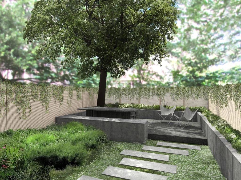 Path concrete pavers meander through the garden zone, connection the patio and deck spaces, ivy hangs down a cedar slatted fence