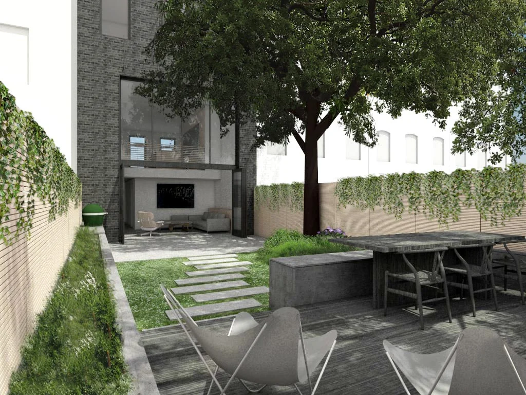 Deck view back across yard. the concrete planter becomes a bench for the dining table, hugging the edge of the deck