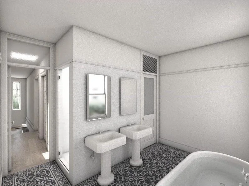   Master Bathroom &nbsp; &nbsp;reclaimed vintage plumbing fixtures and hand painted cement tiles are combined in a clean, new aesthetic 
