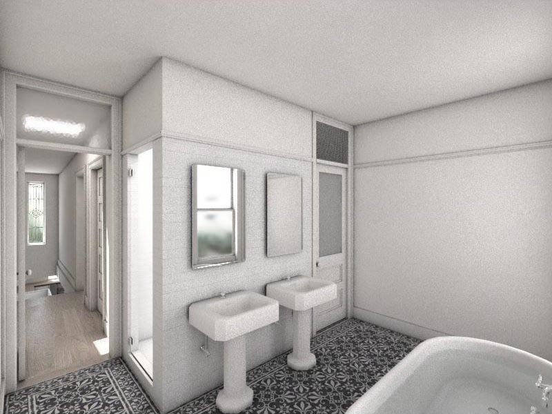 Master Bathroom reclaimed vintage plumbing fixtures and hand painted cement tiles are combined in a clean, new aesthetic