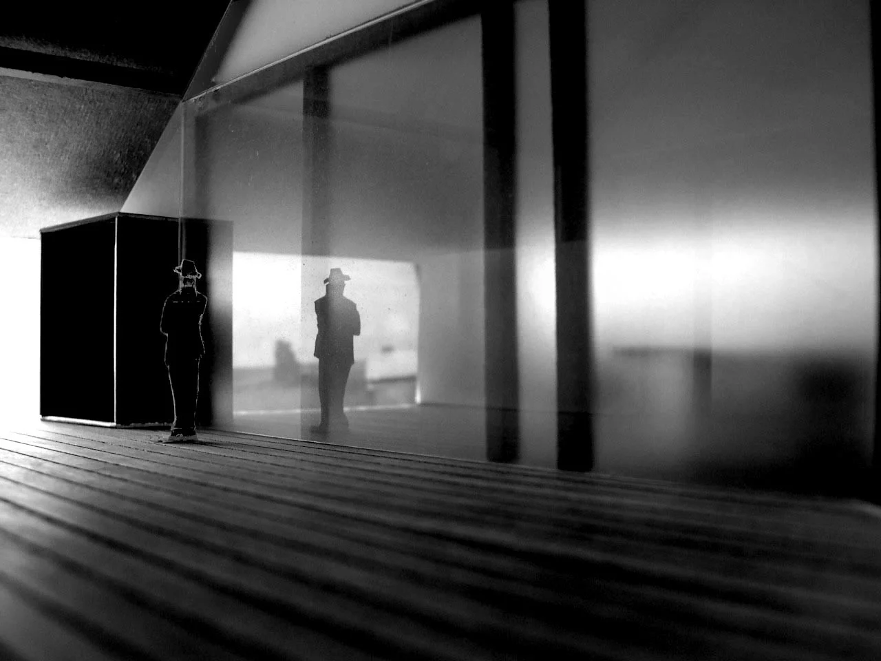 Living the entrance to the living area is punctured by a large steel box creating a dark void in the delicate glass wall