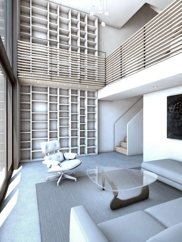   Library  &nbsp; the library accentuates the space's height. a floating bridge gives access to the upper shelves and acts as a perch to view the rear yard from a heightened vantage point 