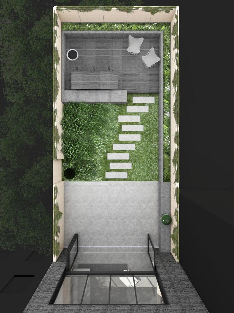 Yard the rear yard is divided into 3 zones: patio, garden, deck. a concrete planter wraps the perimeter and becomes a bench for the deck. the cedar fence has integrated planters to mazimize the greenery