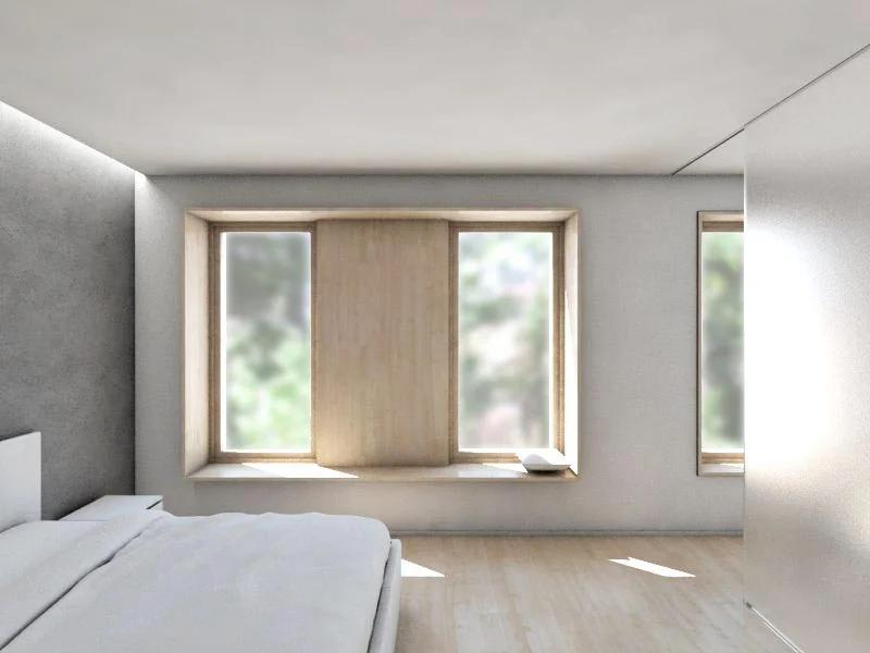 Master Bedroom the cement wall finish gives the space definition, a counter-balance to the delicacy of the etched glass panels