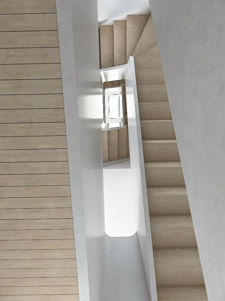 Stair standing below the new staircase, the view is carried along the ribbon handrail out through the skylight above