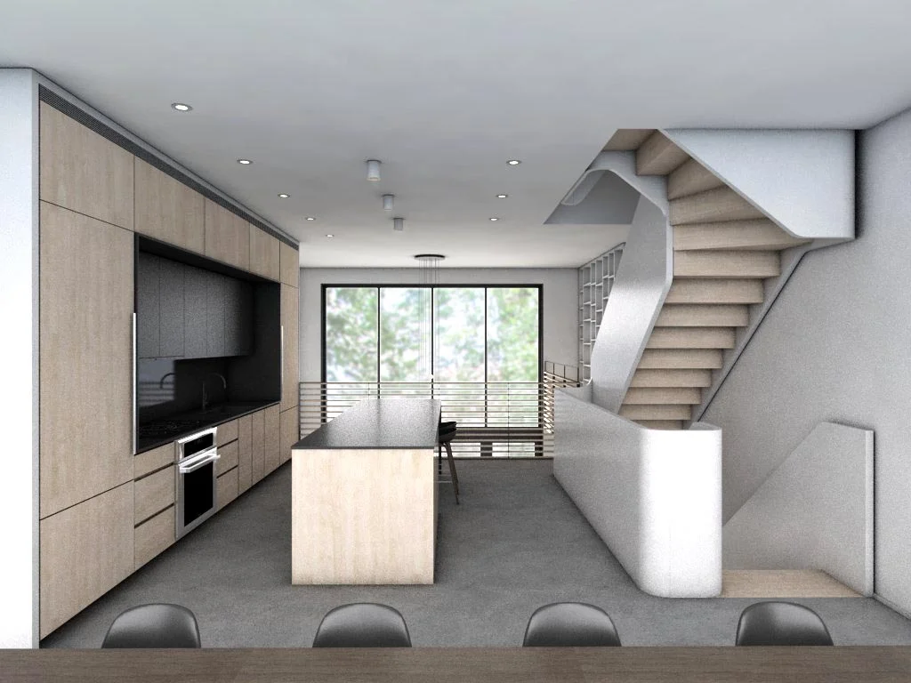   Dining  view back across the dining and kitchen, out through the upper glass windows 