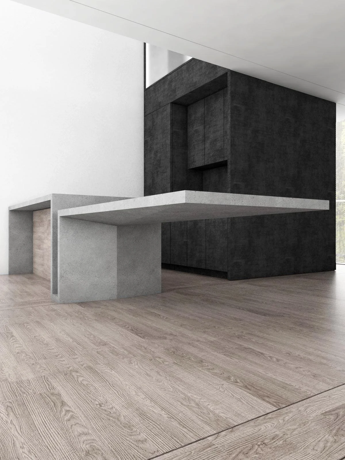   Dining &nbsp; the concrete countertop folds and cantilevers, transitioning from kitchen island work surface to floating dining room table. 