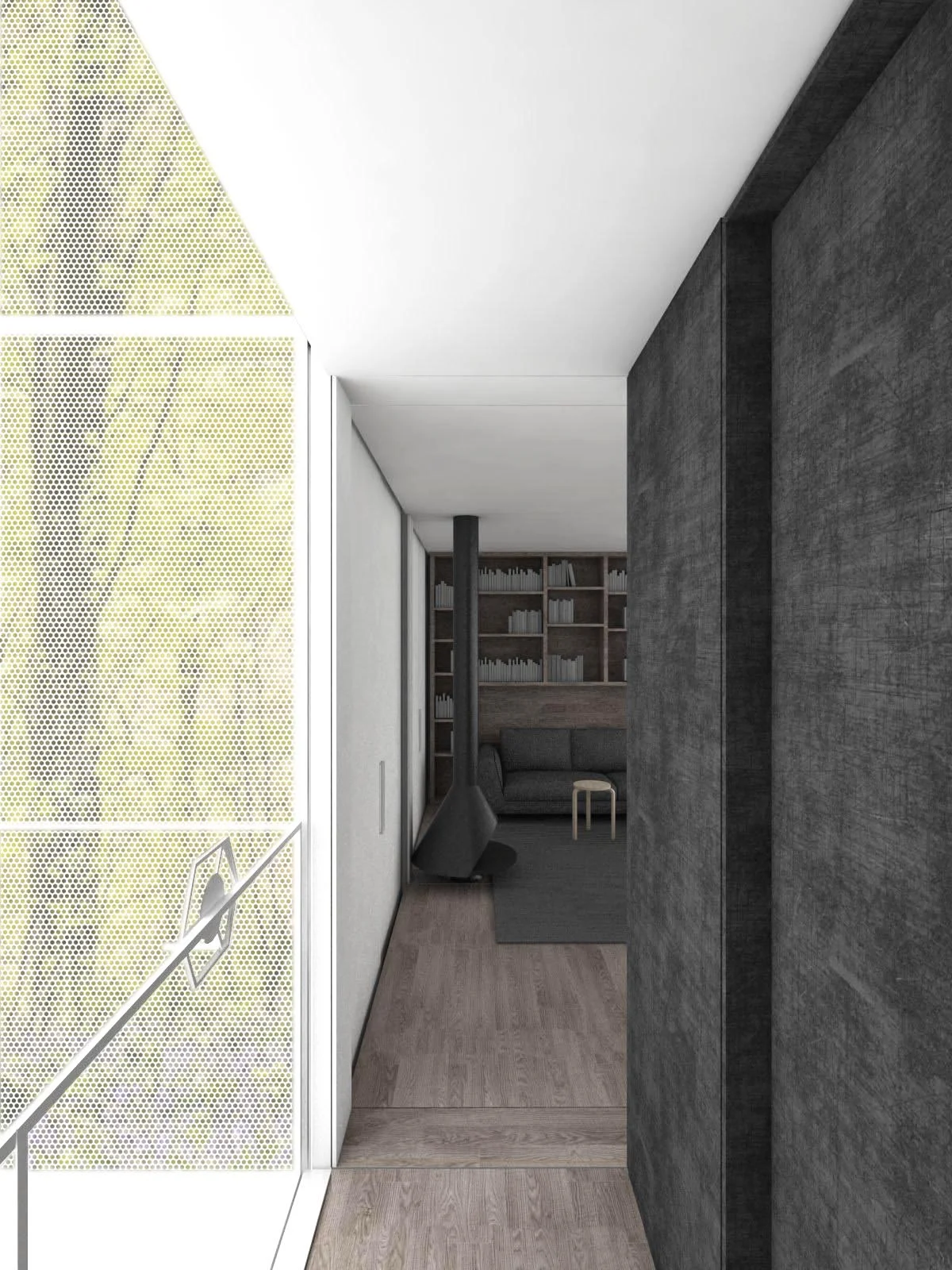   The Lift &nbsp; a vertical lift carries the inhabitants to the upper private floors. the glass volume is wrapped in a perforated metal skin, filtering the views of the natural surroundings. a steel clad volume contains the powder room and kitchen f