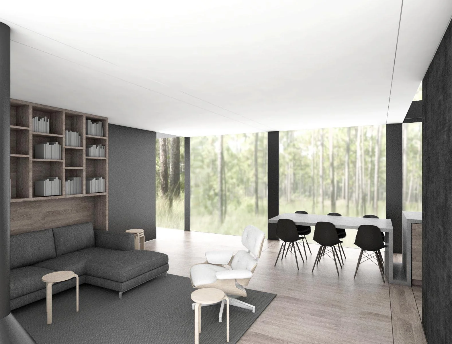   Living &nbsp; view back across living | dining space, the large entry door slowly closes to modulate the exterior 