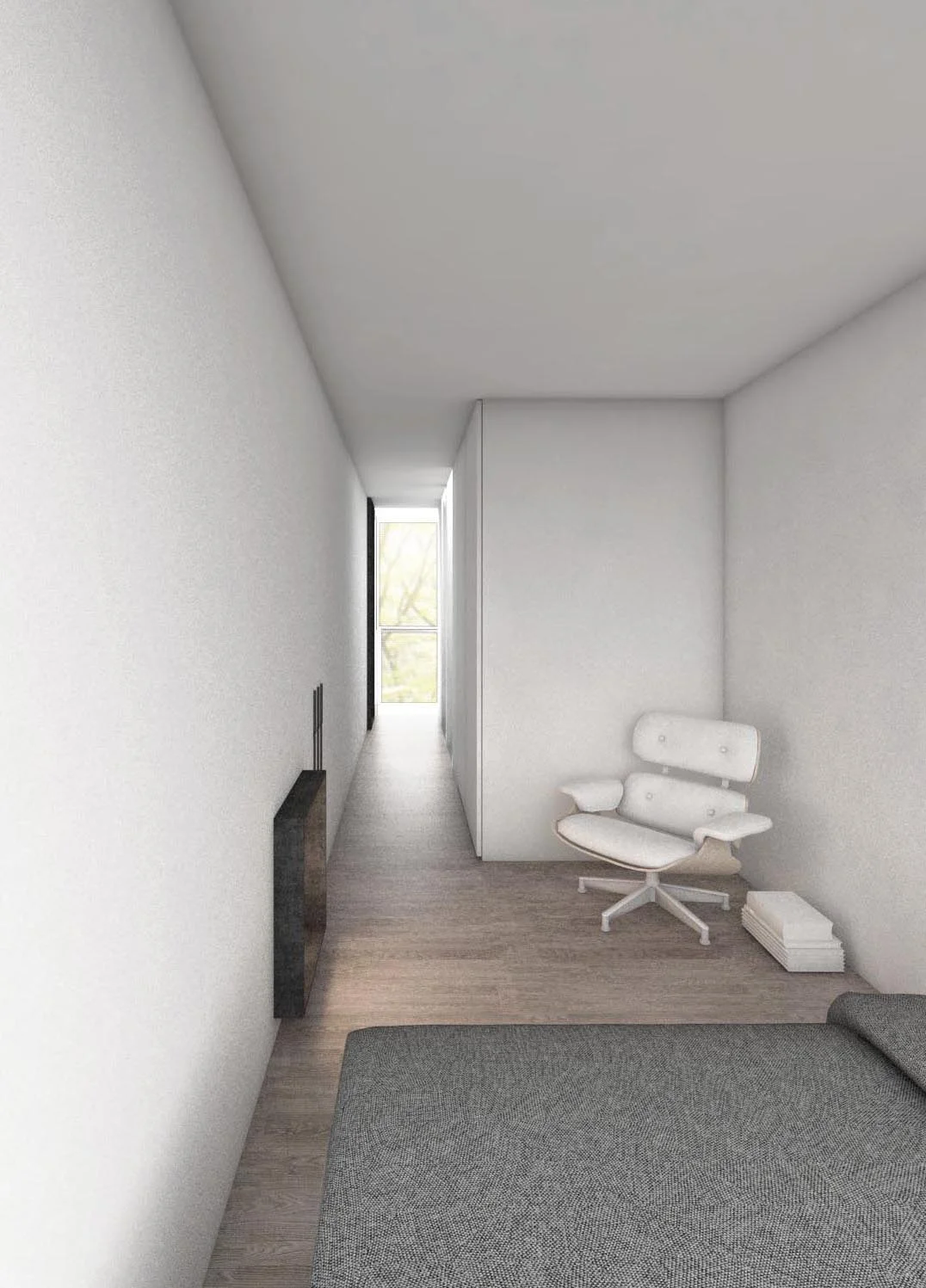   MasterBedroom &nbsp; view across the bedroom back towards hallway, both ends of the container open to forest views. 