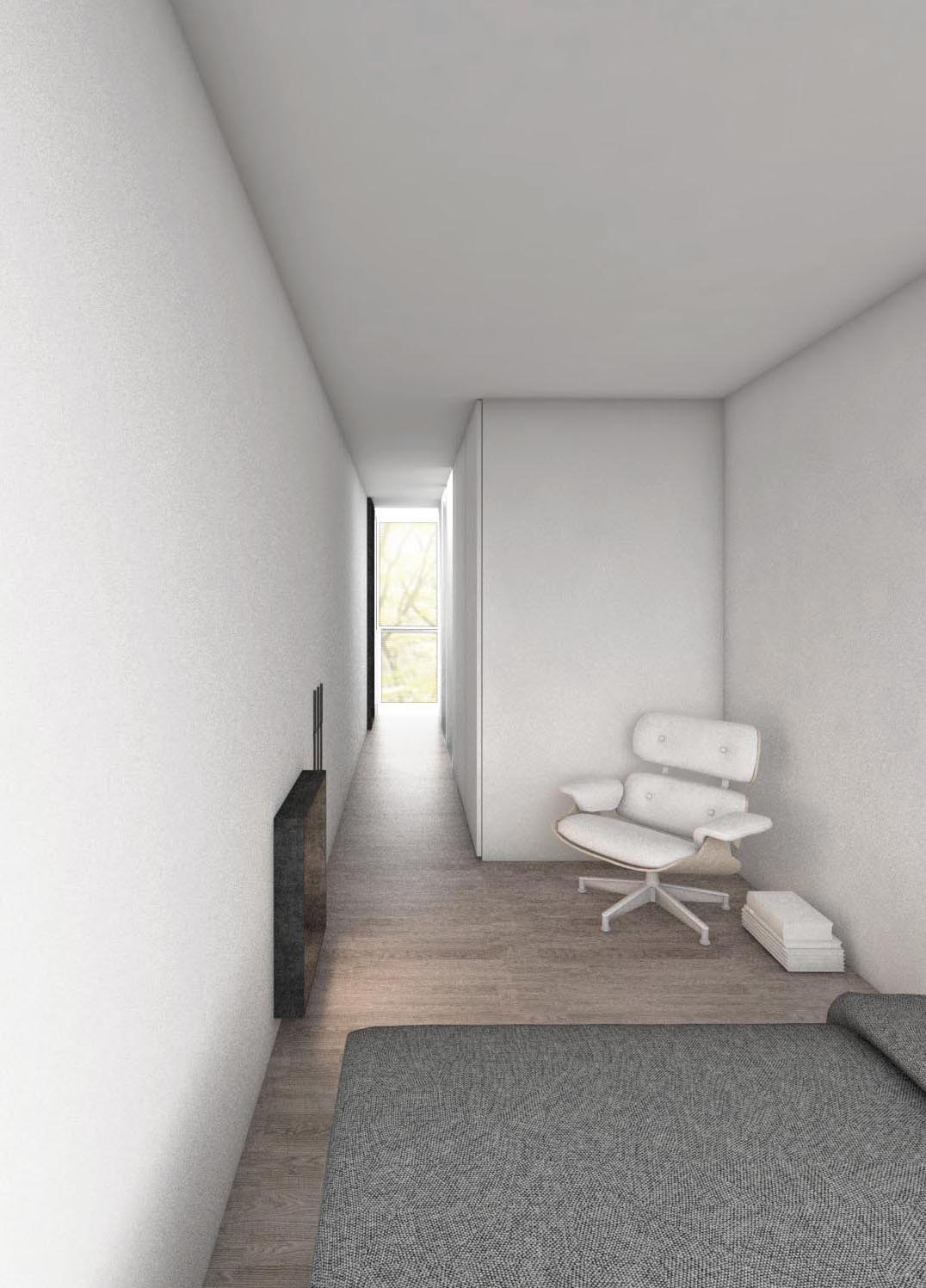 MasterBedroom view across the bedroom back towards hallway, both ends of the container open to forest views.