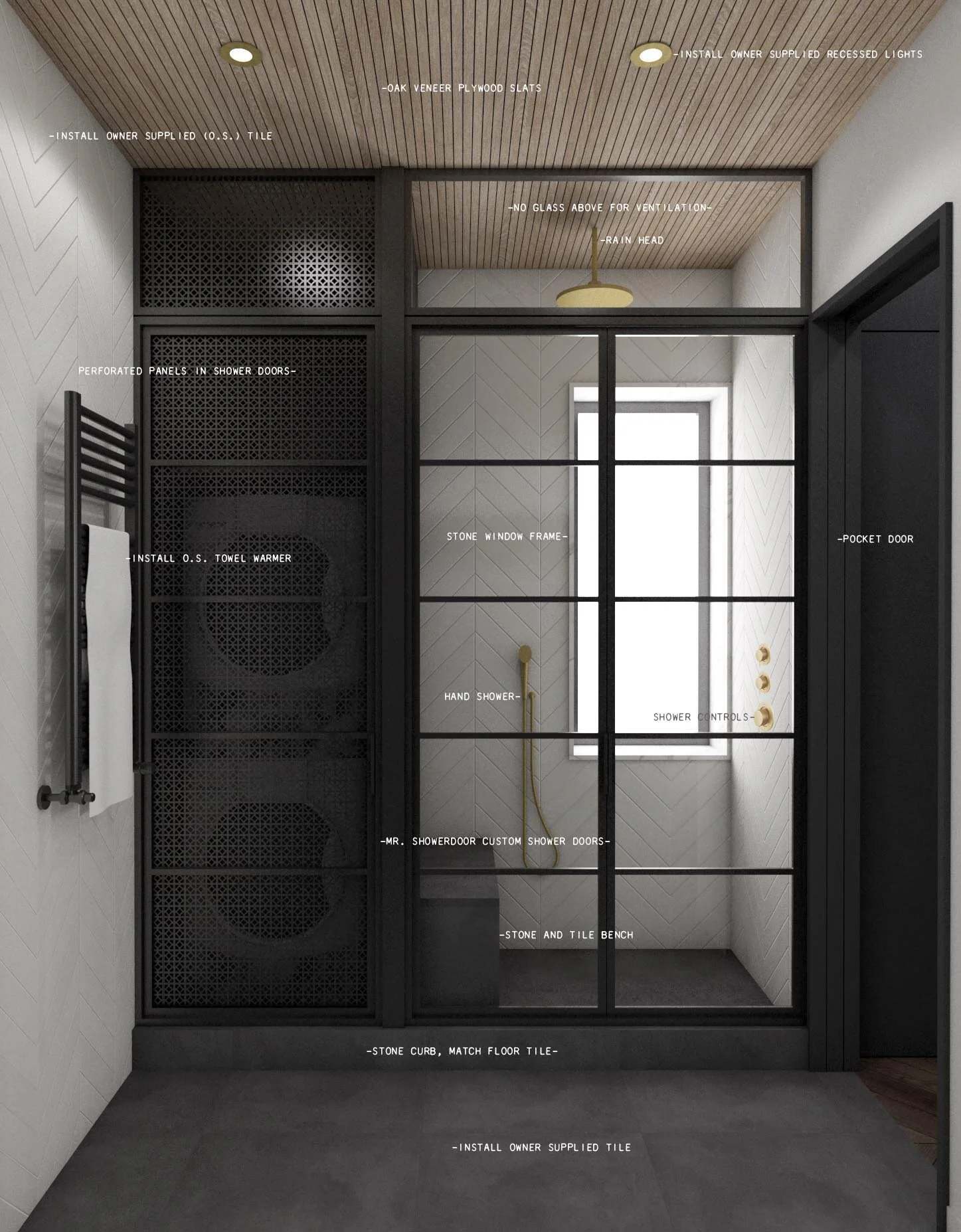   Functions   Shower and laundry functions framed behind black frame partition, perforated panels filter view beyond 