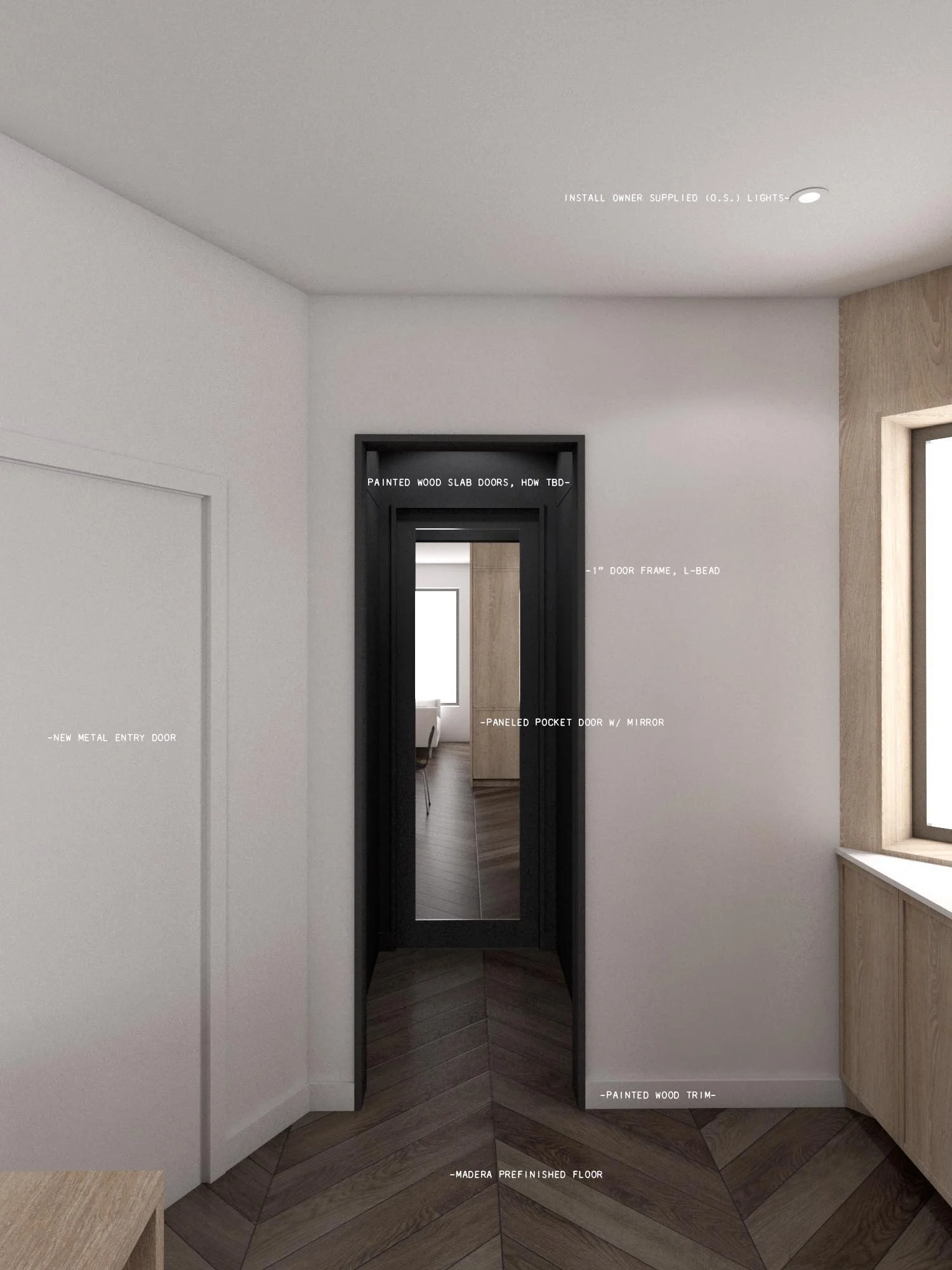   Color   The closet passage is rendered in monochrome to define the transition to the bathroom 