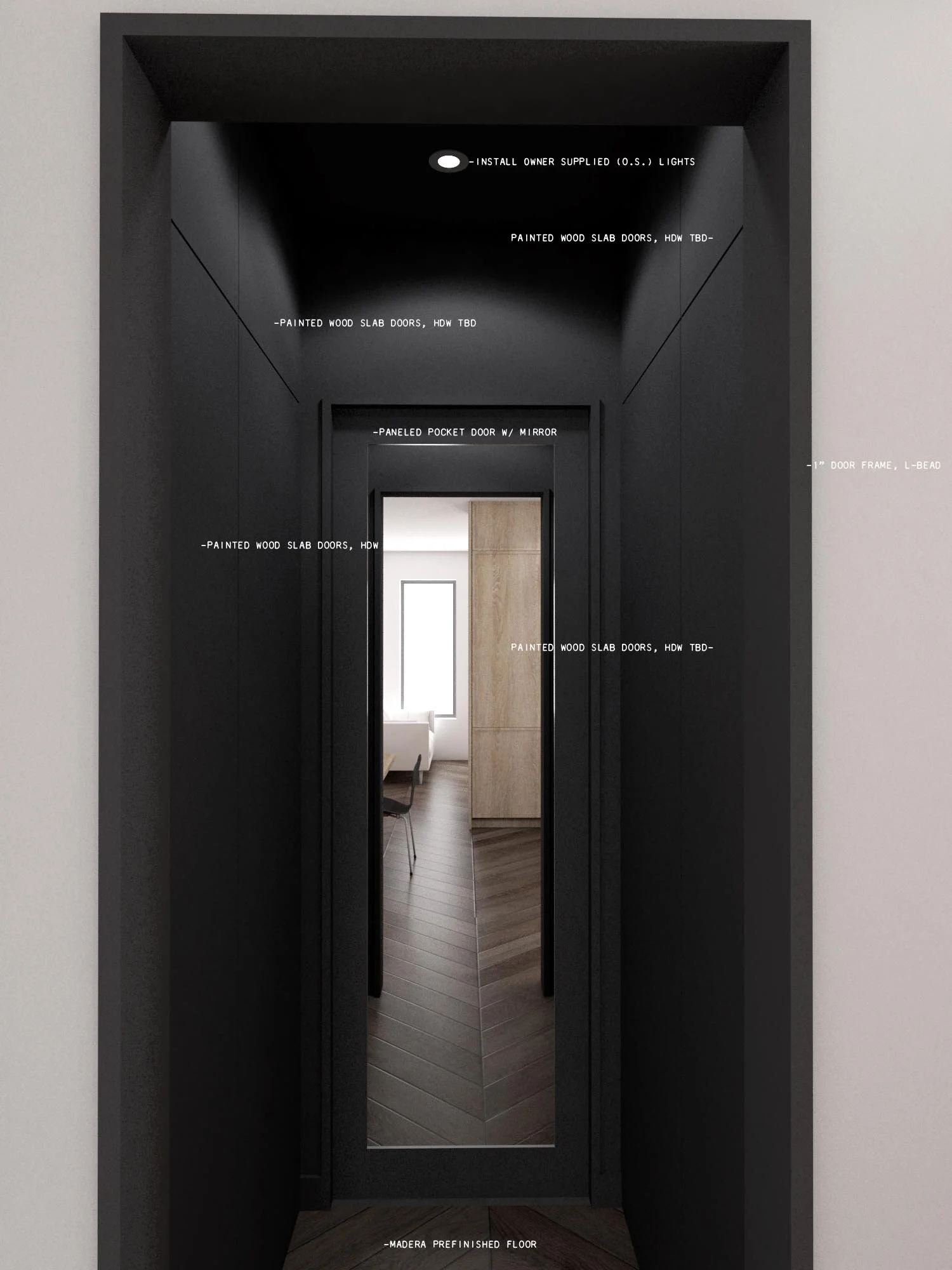   Reflection   The bathroom pocket door mirror expands the depth of space 