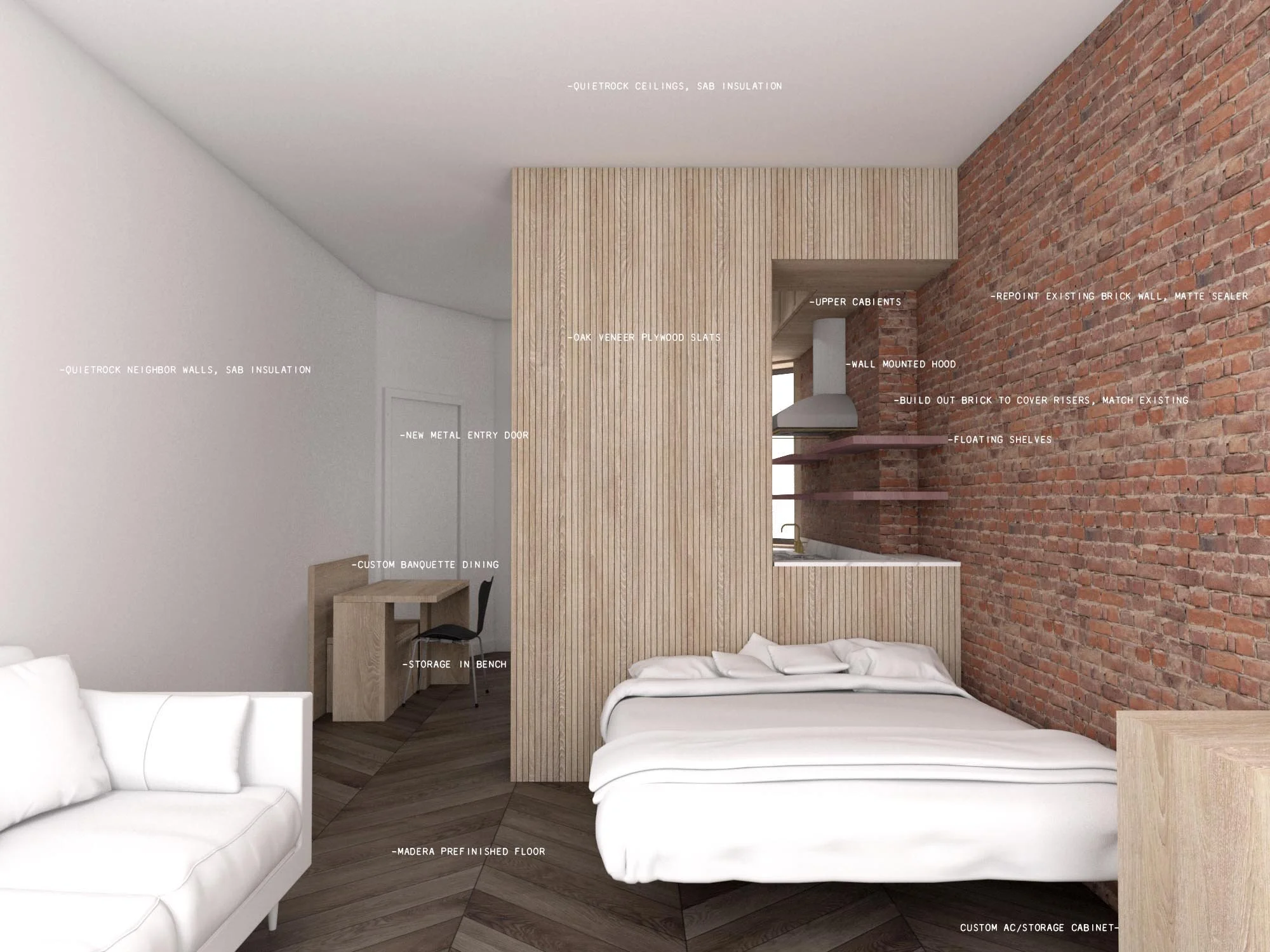   Exposed   The existing brick wall is left exposed and acts as a visual connection between the Living and Kitchen 