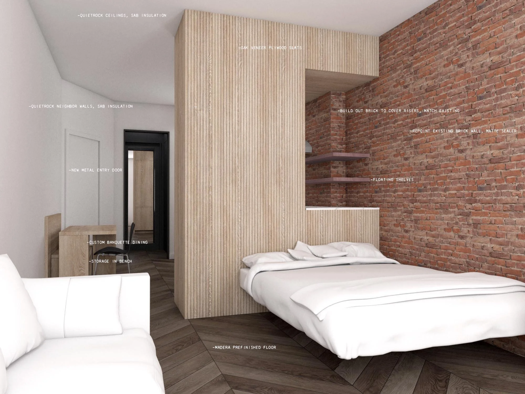   Living   Wood slats create the headboard for sleeping area 