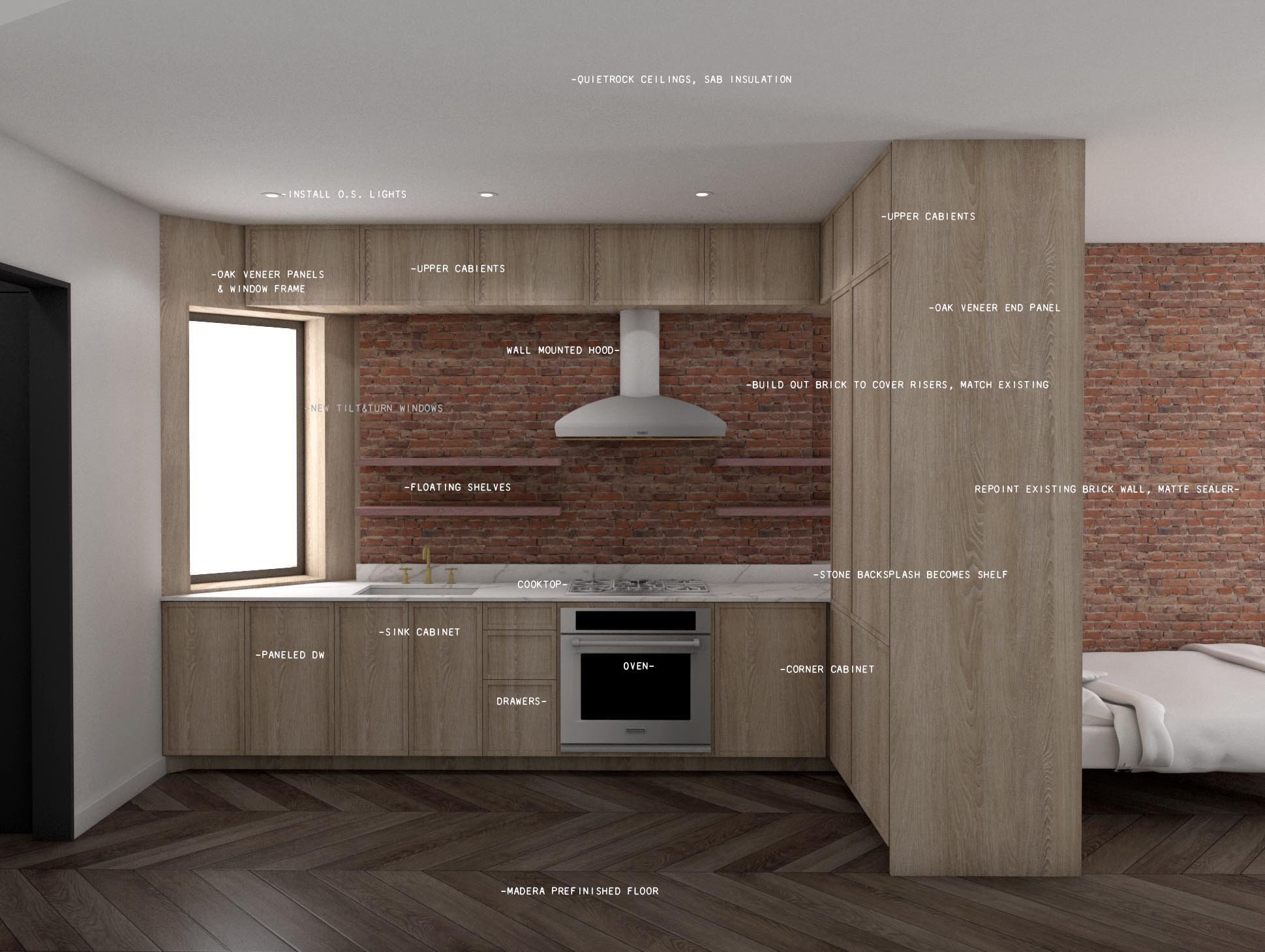   Kitchen   New millwork cabinets create permeable separation between living spaces 