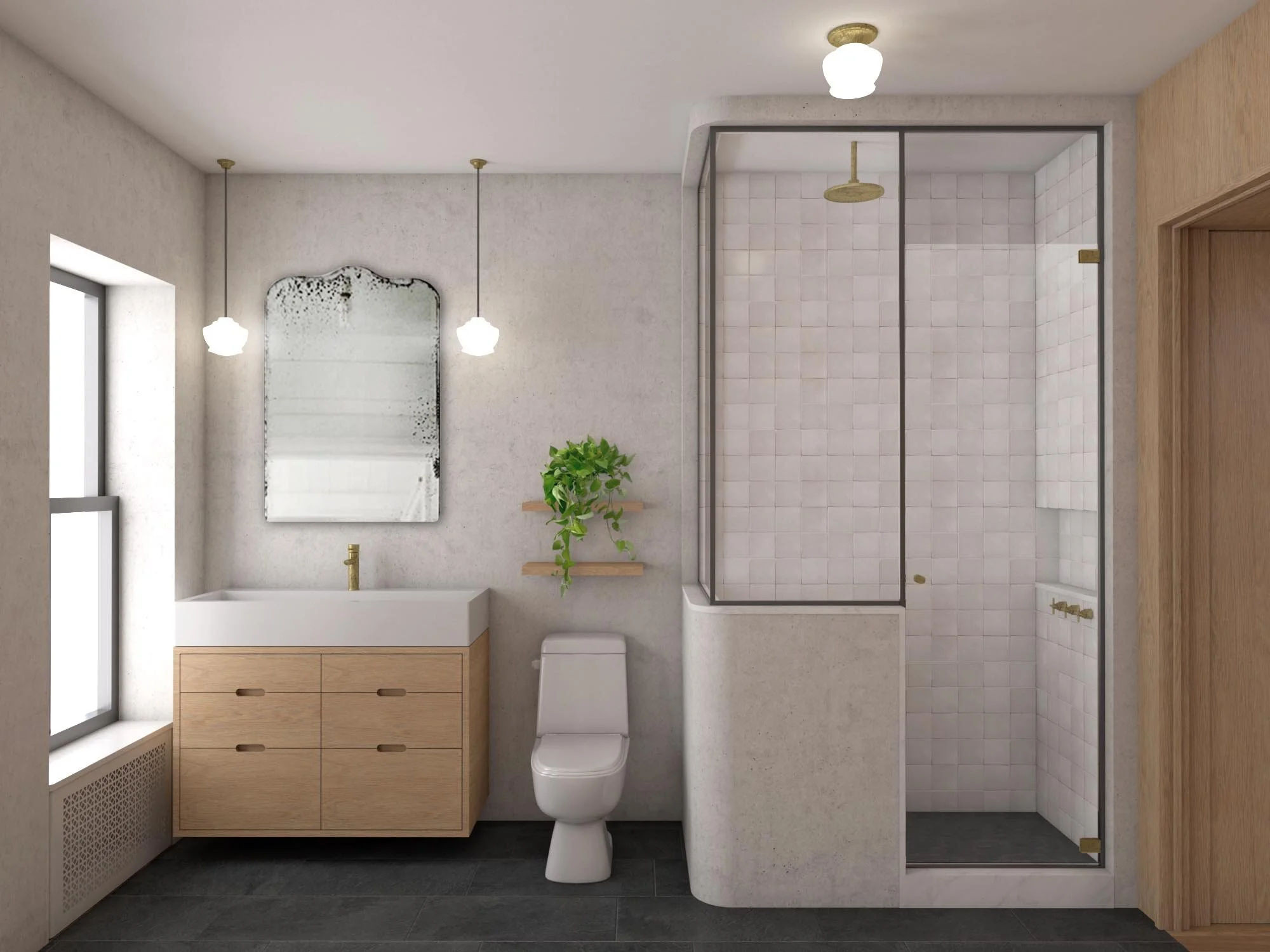   Palette   The material palette is simple and refined :: slate floor, handmade zellige tile, plater walls, white oak, brass 