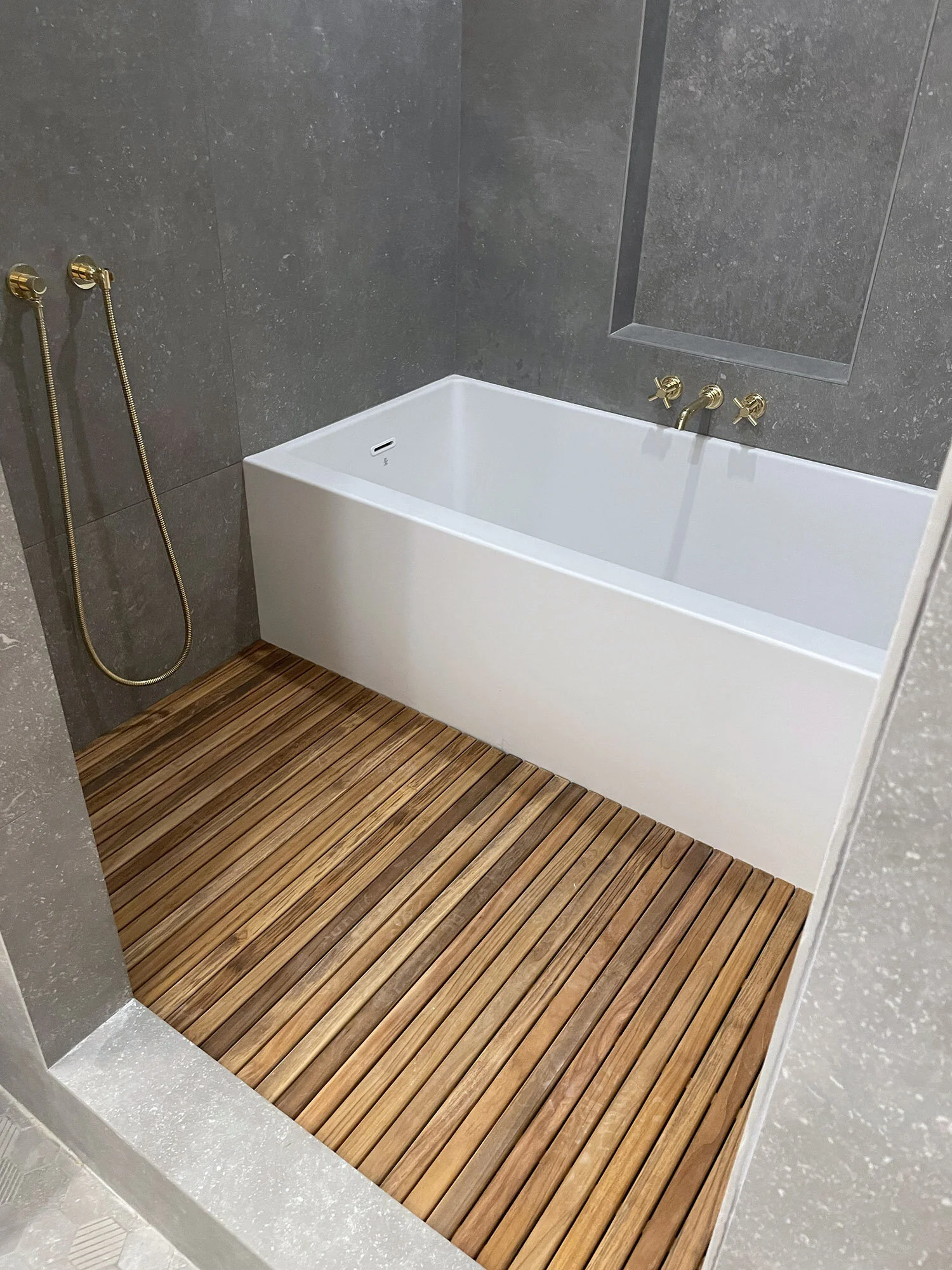   Construction   teak shower mat progress 