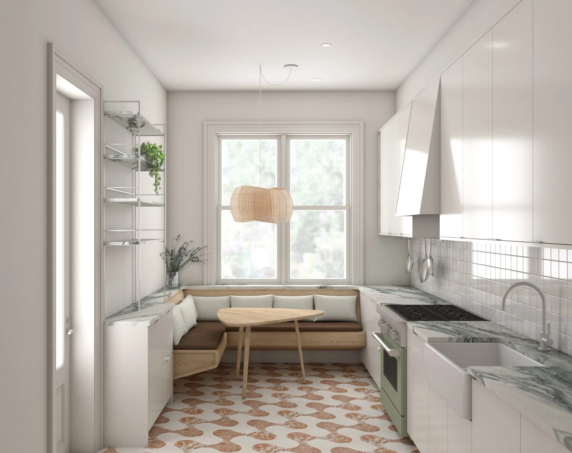   Kitchen   the stone counter wraps the space, hugging the built-in banquette 