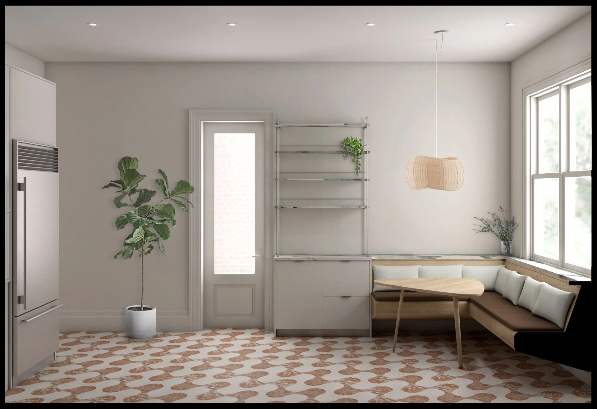   Banquette   a quiet place for morning coffee with views to the garden 