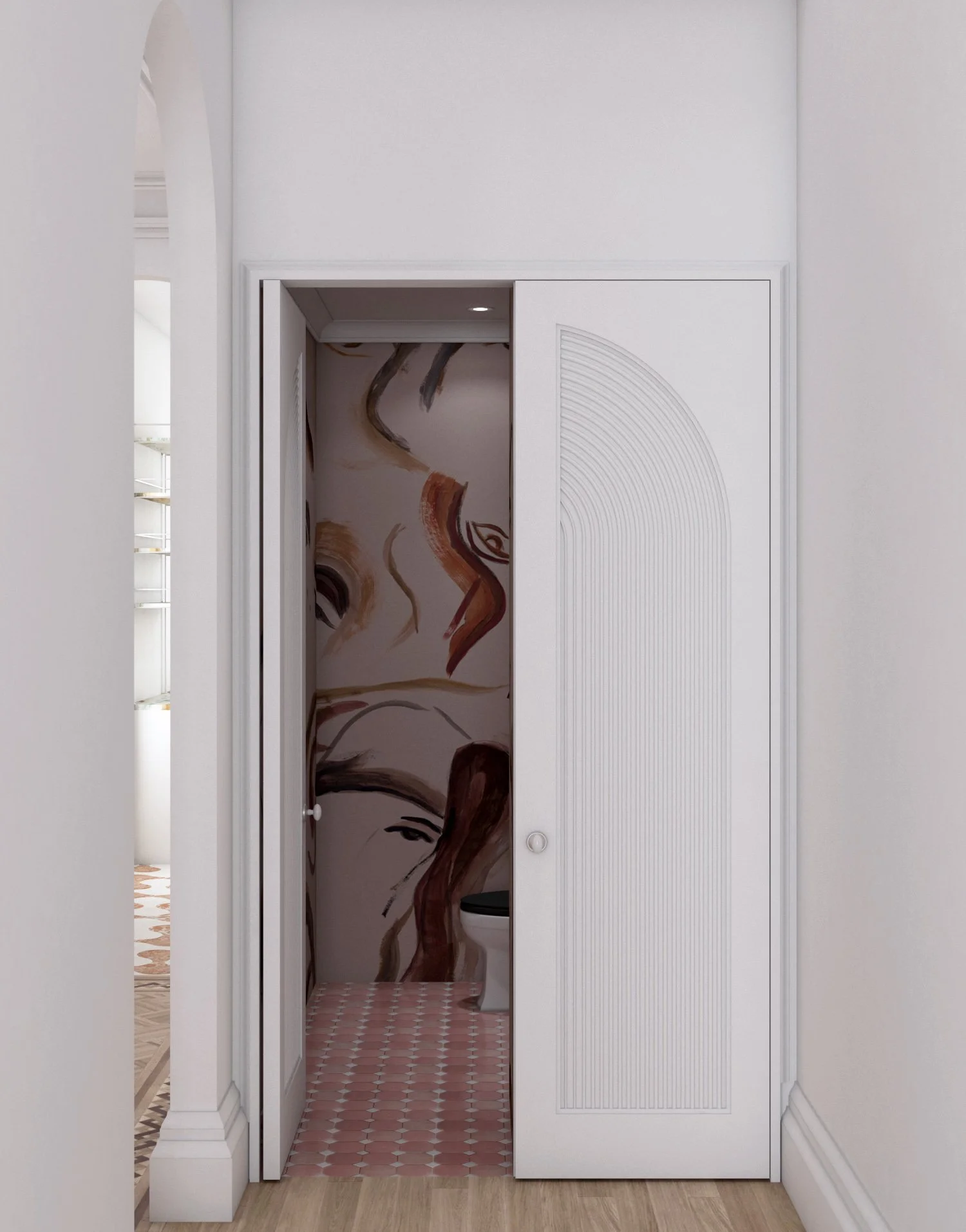   Powder   in-swing door reveals a room behind 