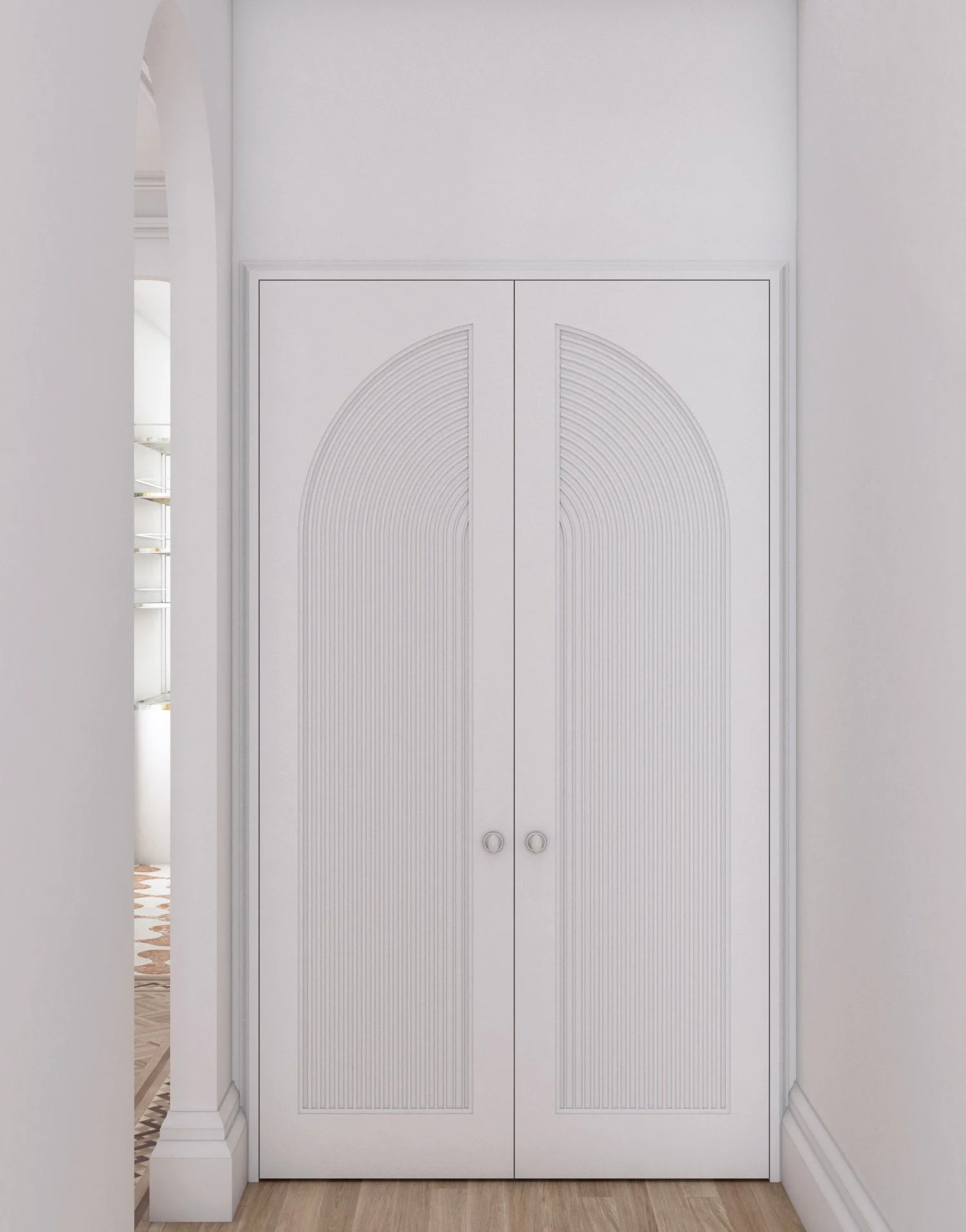   Hallway   a set of doors continue the arch motif 