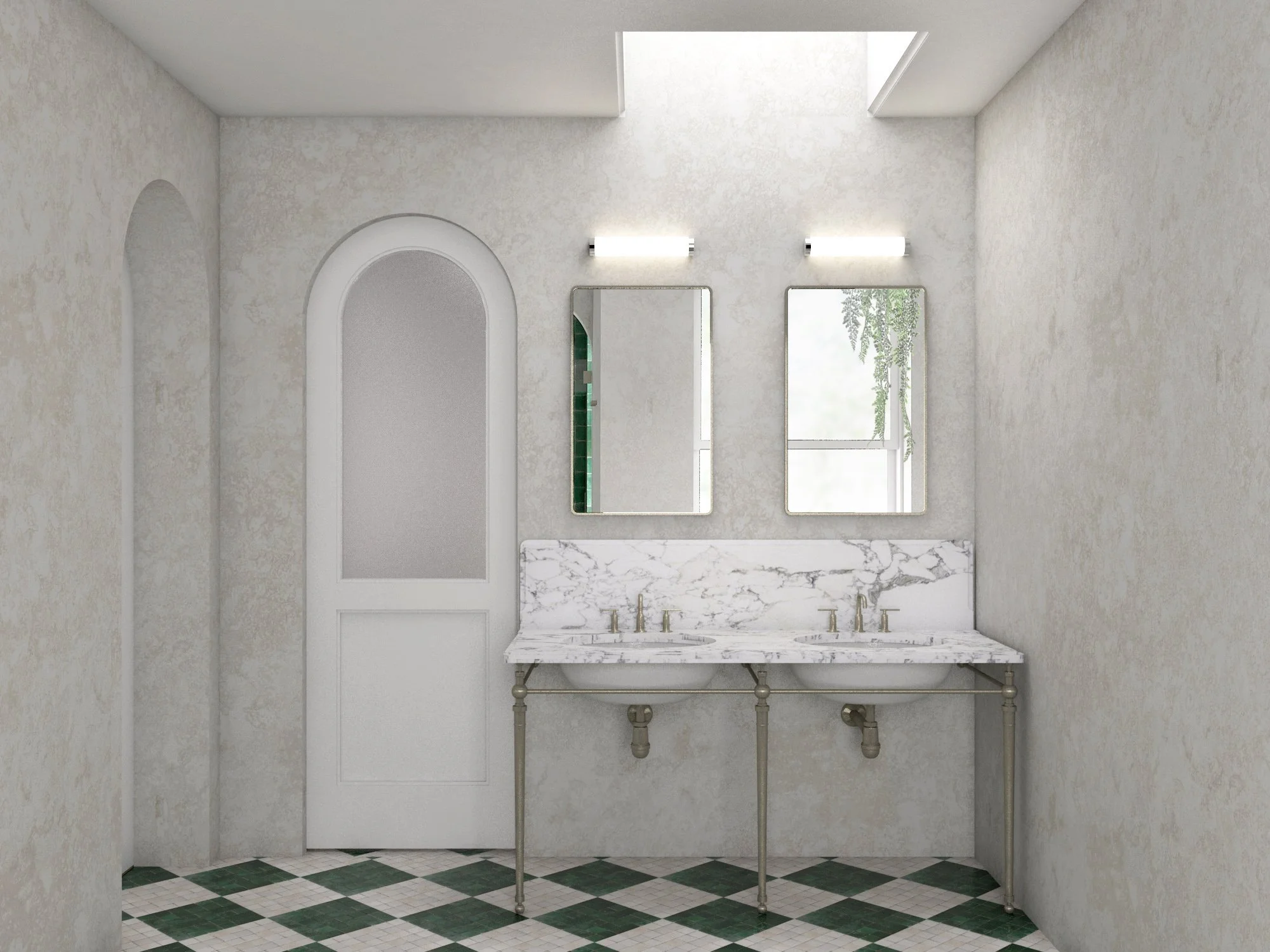   Primary Bathroom   arched pocket door to walk-in closet beyond 