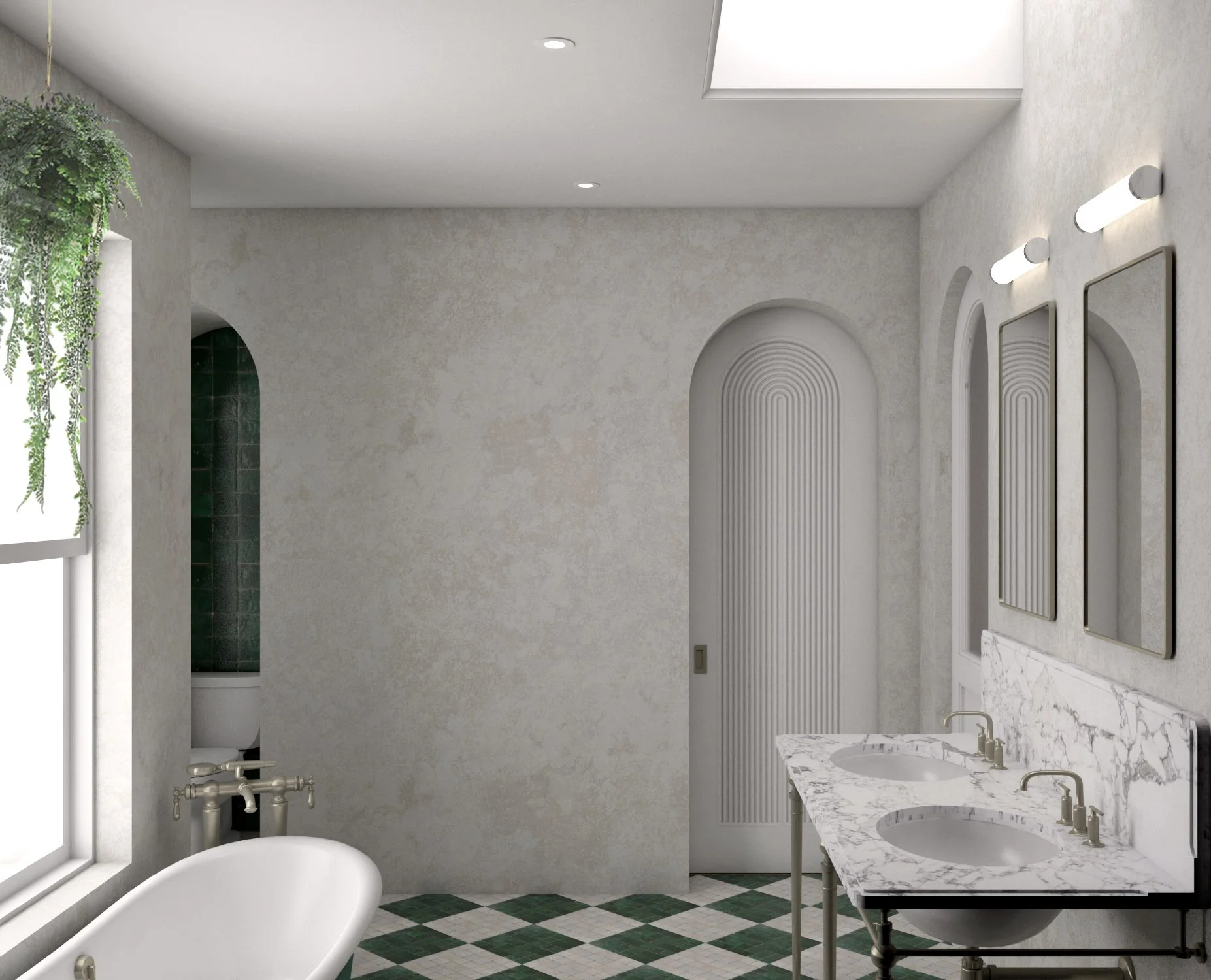   Primary Bathroom   natural light filters in from above 