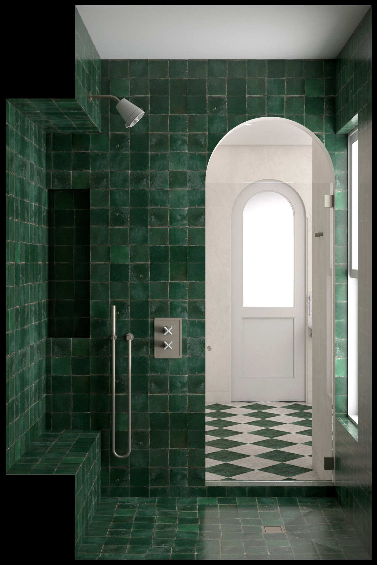   Shower   monochrome green tiles throughout 