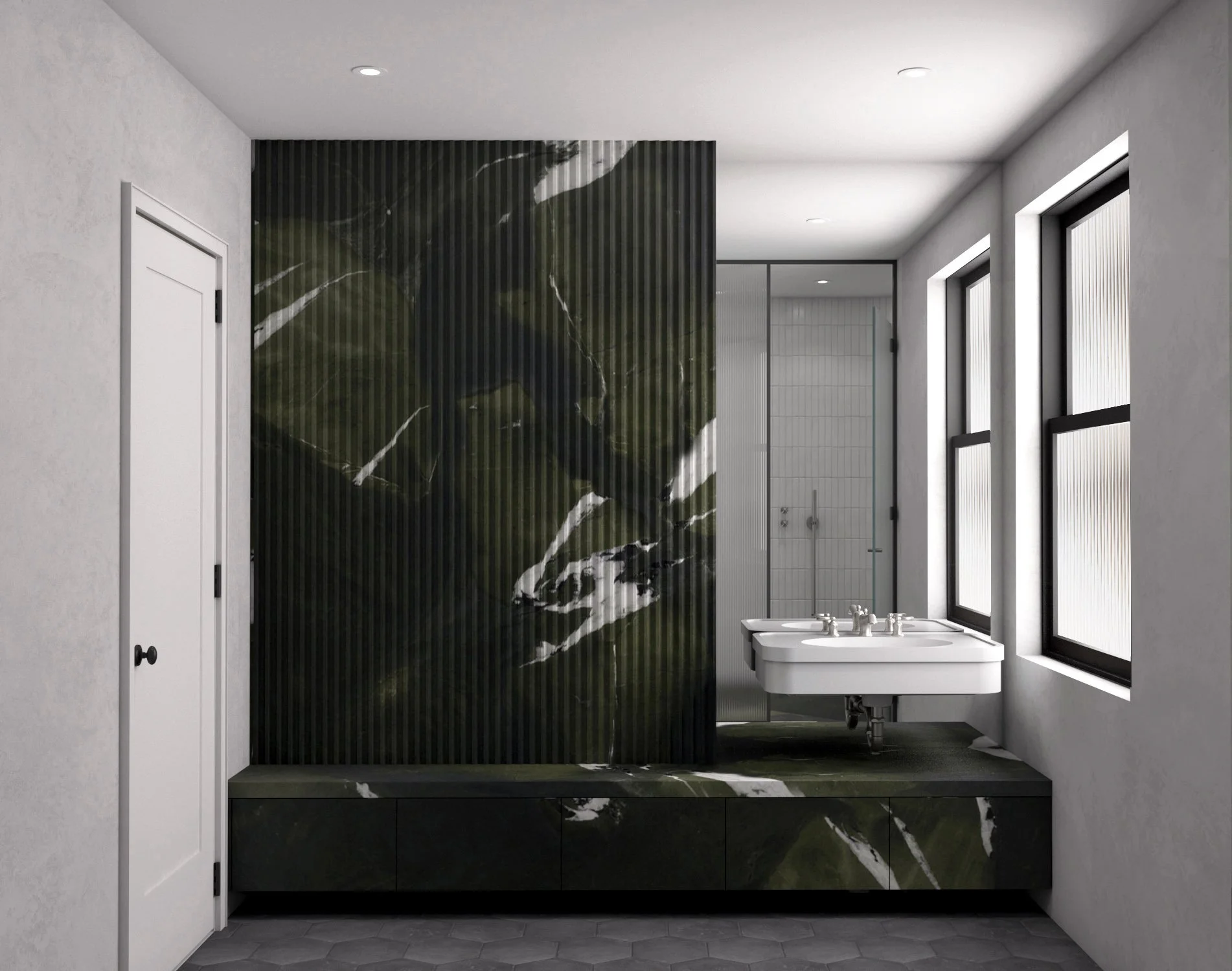  Bathroom   ribbed stone wall and stone base with storage below 