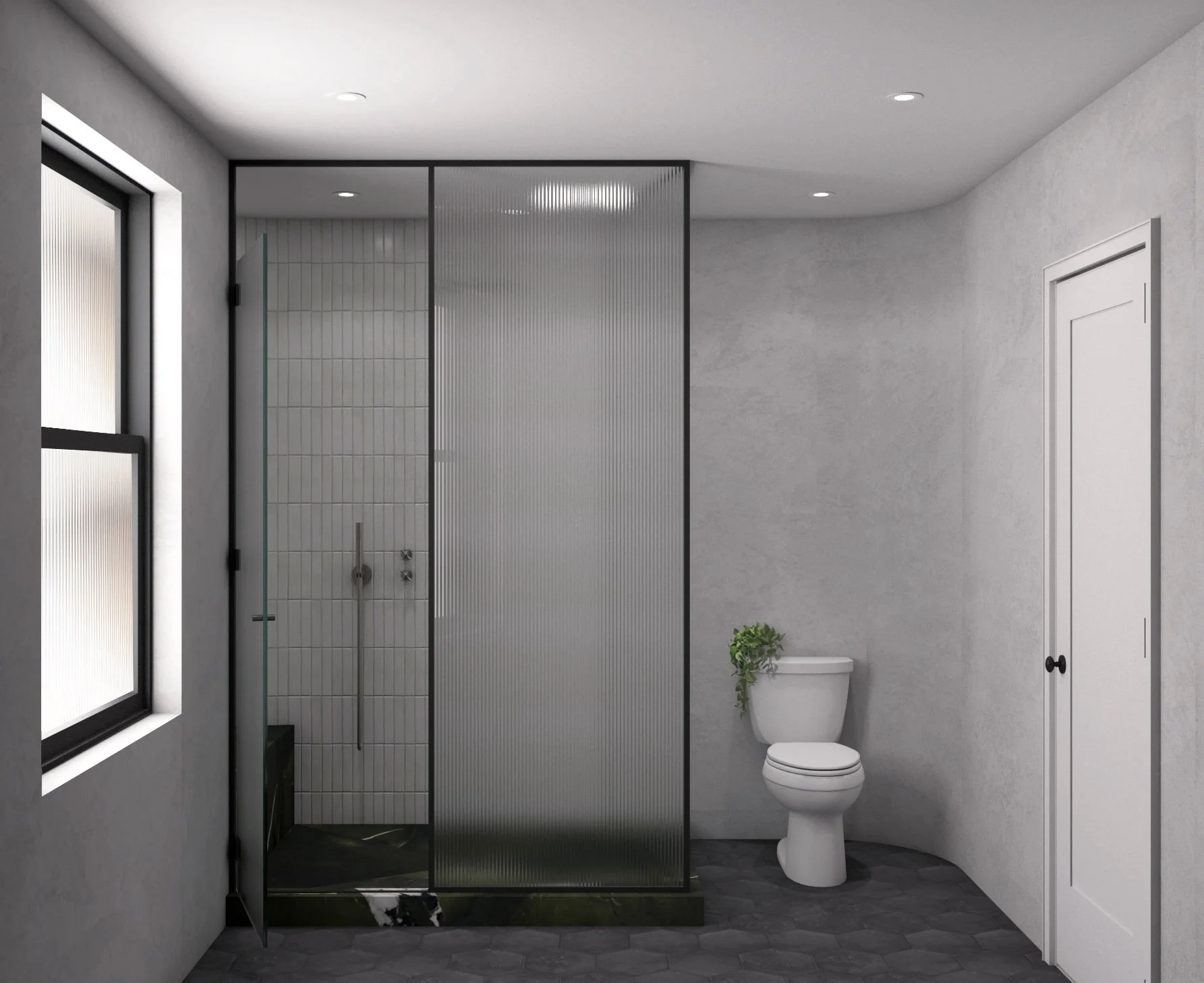   Bathroom   roman clay, fluted glass, terrocotta tile 