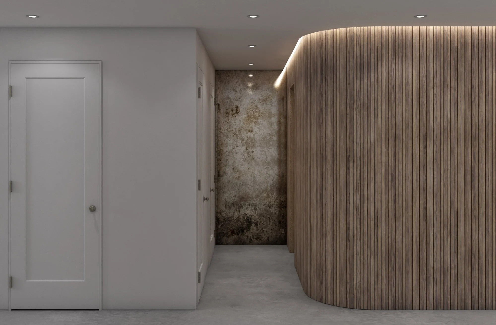   Sauna   curved wood clad walls lead the way to the sauna and bathroom 