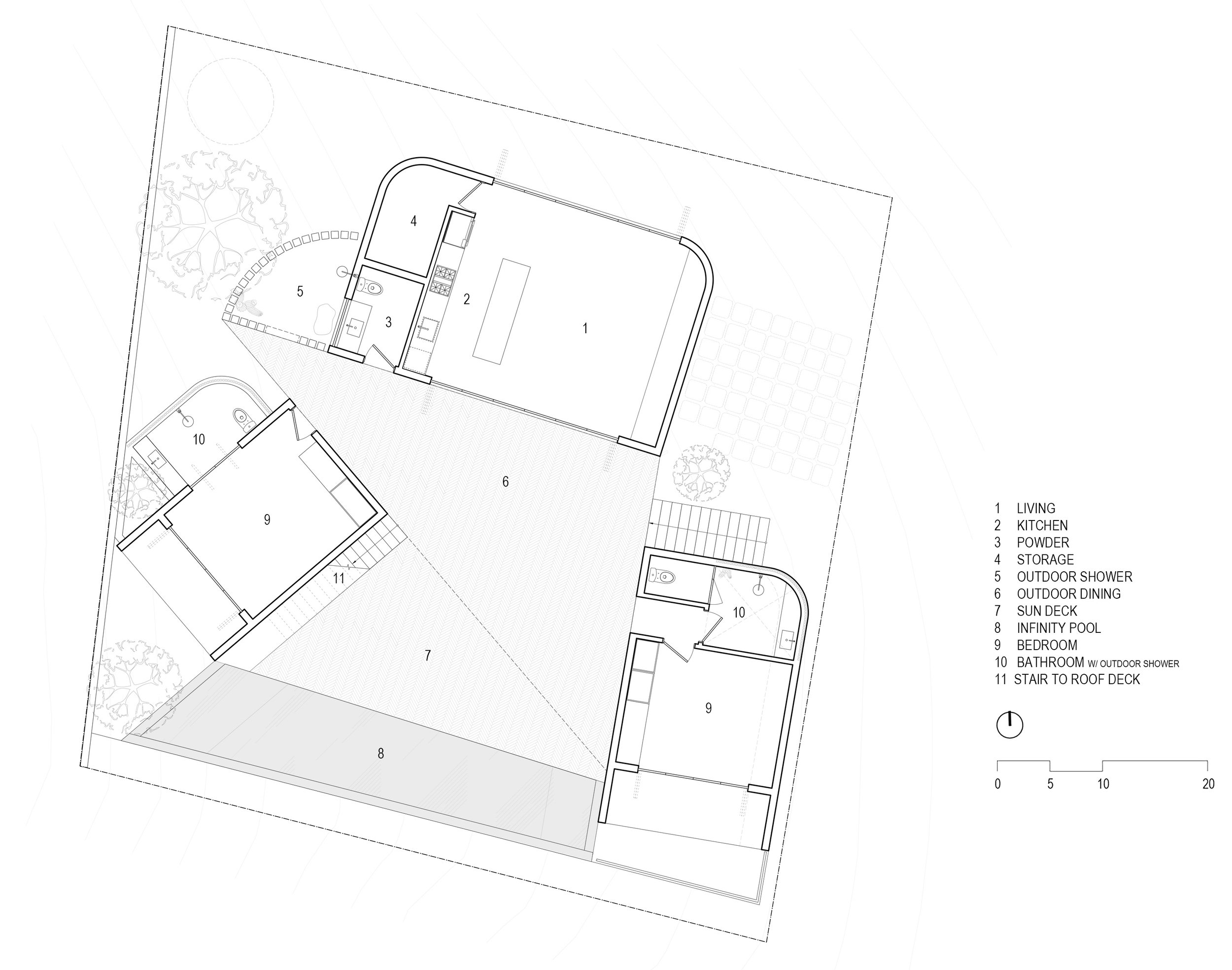   Plan   three building volumes oriented to maximize views towards the ocean while maintaining privacy from adjacent properties 