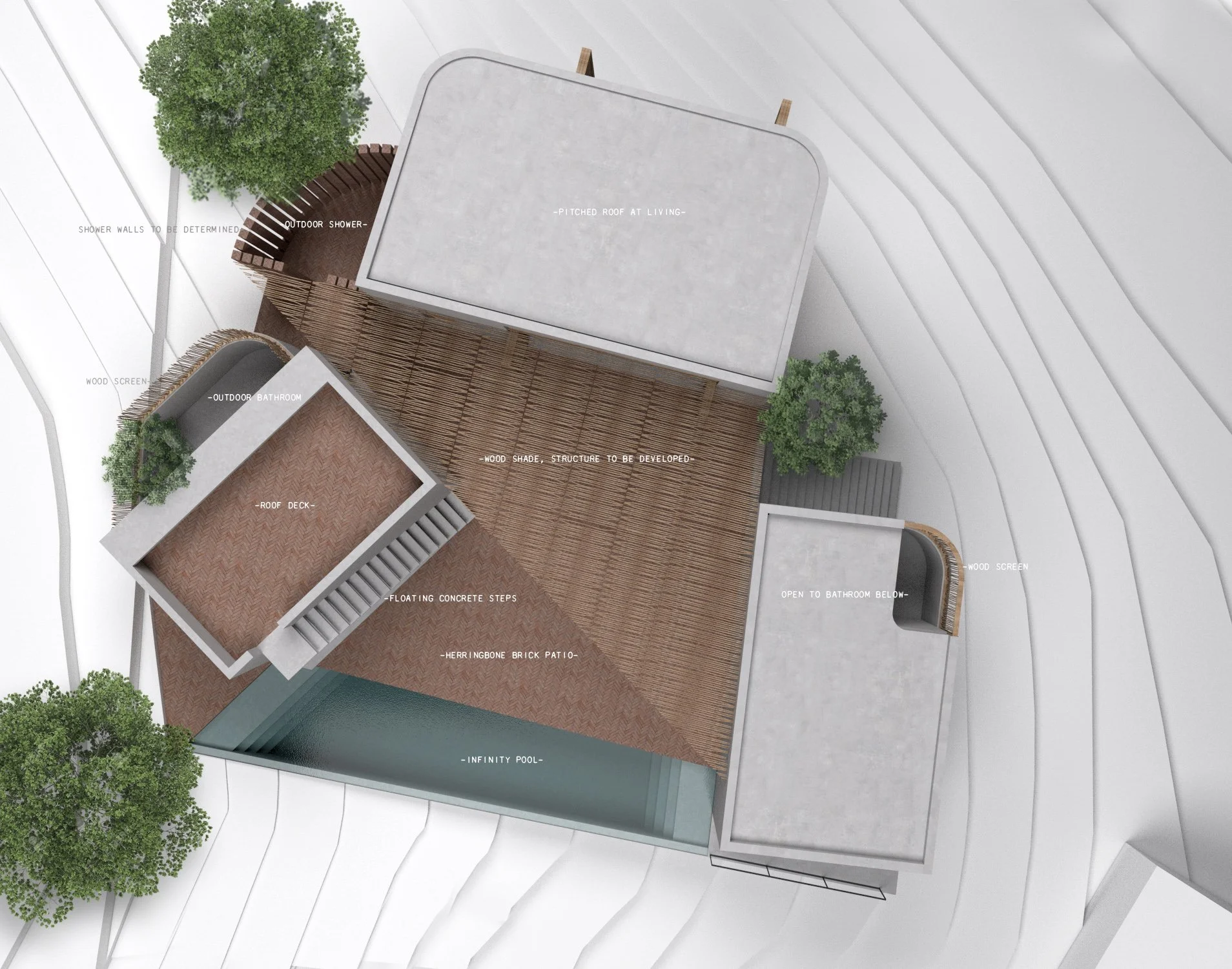   Nature   outdoor space is prioritized to create strong connections to the natural surroundings, the infinity pool creates an intimate connection with the ocean below 