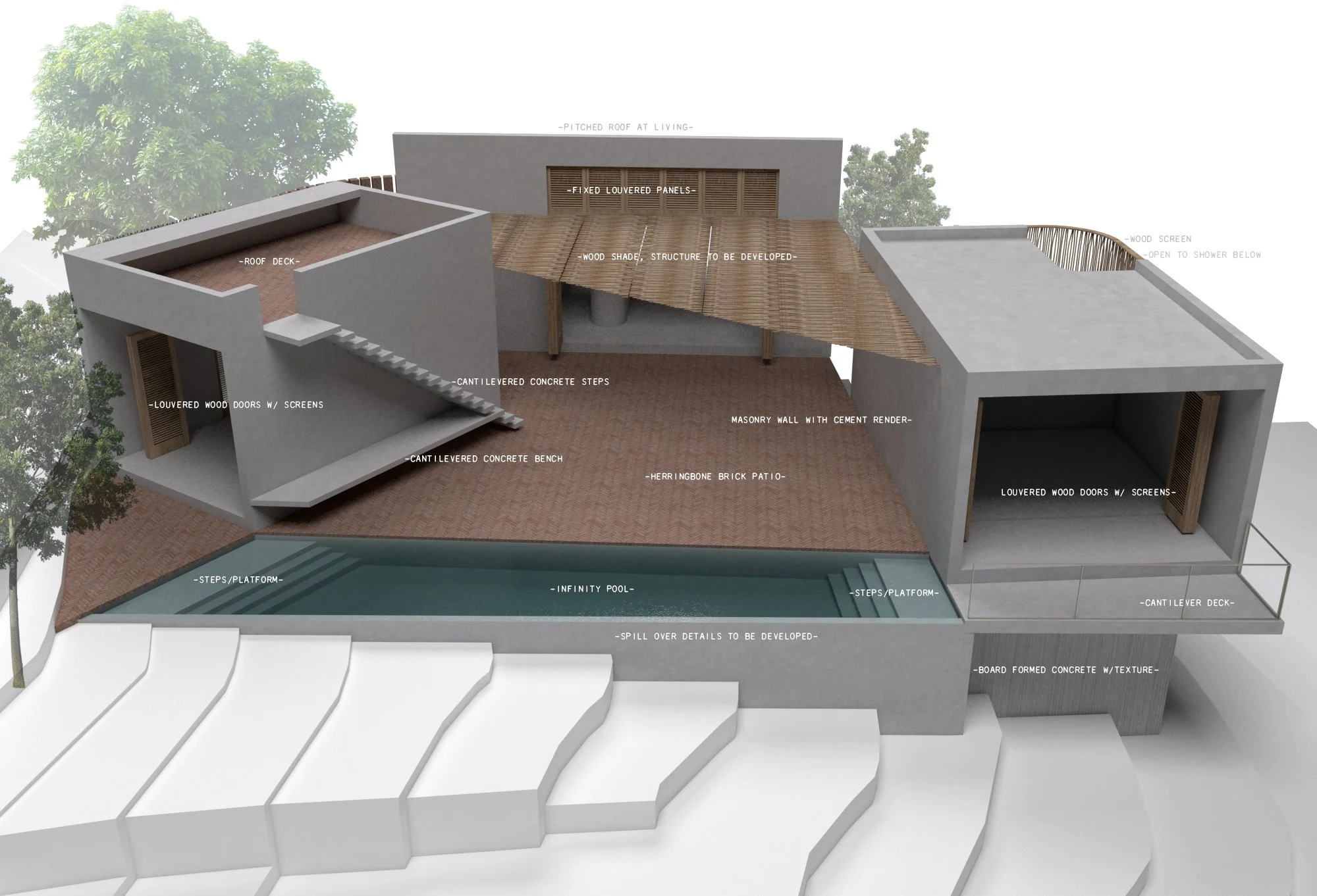   Courtyard   the central outdoor space connects each building and becomes the heart of the property, a floating stair elevates to the upper roof deck for unobstructed views of the coastline 