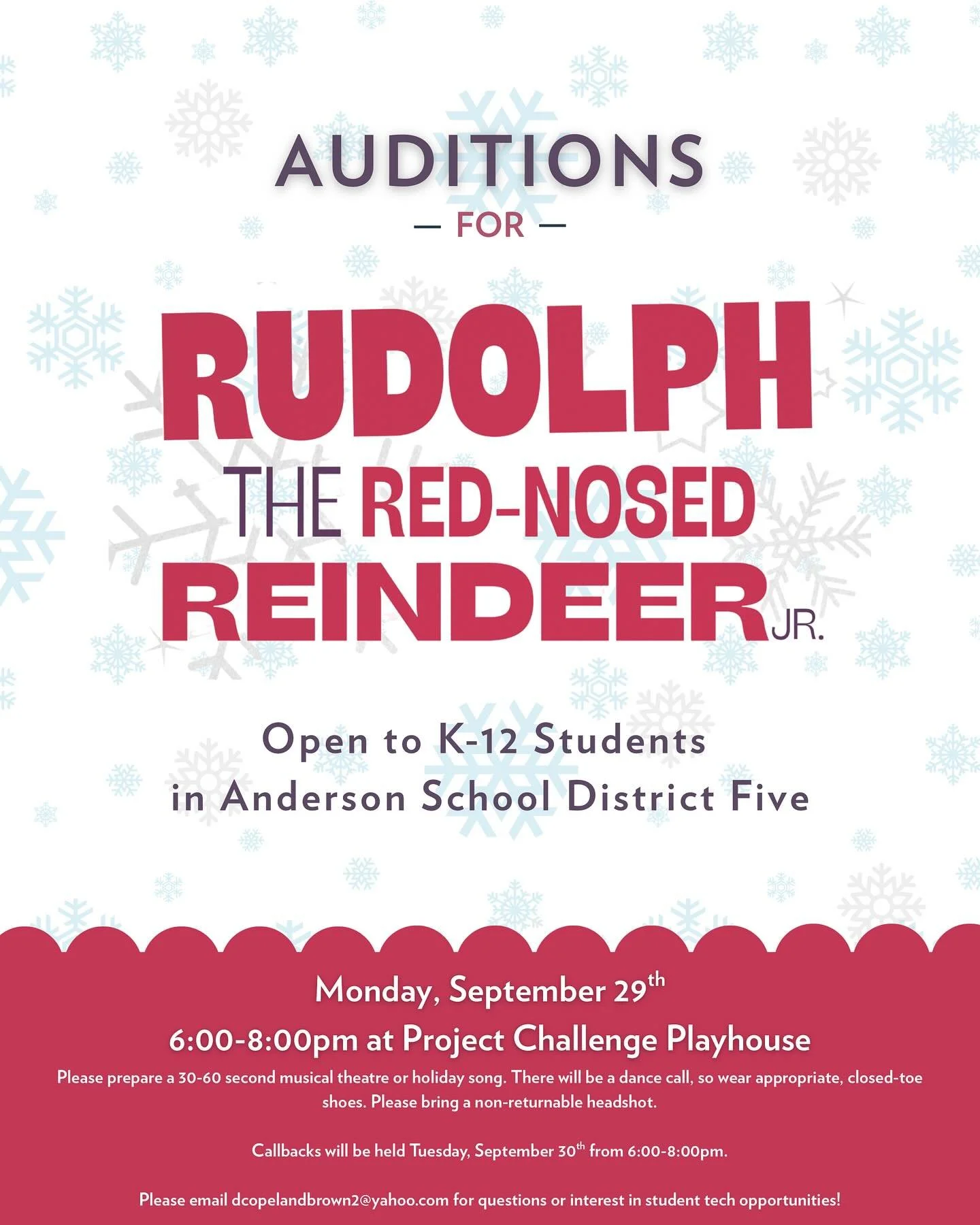 In just a few weeks, we will start feeling the holiday spirit with auditions for RUDOLPH THE RED NOSED REINDEER JR! 🦌❤️

Auditions will be held on Monday, September 29th from 6:00-8:00pm at Project Challenge Playhouse. 📍

Auditions are open to all 