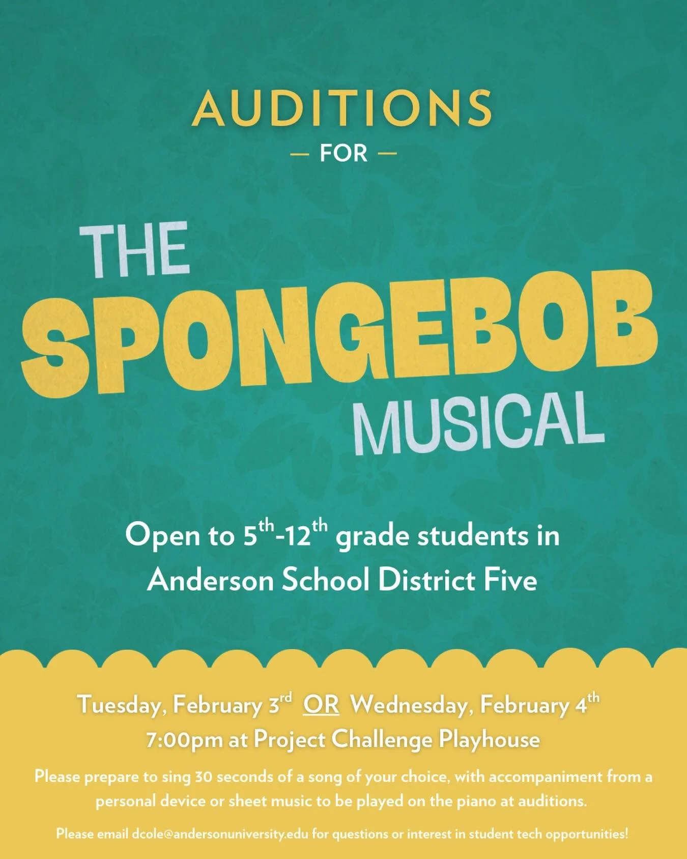 Up next! ✨

Join us next week for auditions for THE SPONGEBOB MUSICAL! 🍍

Auditions are open to 5th-12th grade students in Anderson School District Five. ☑️

Students who plan to audition should prepare 30 seconds of a song and bring a personal devi