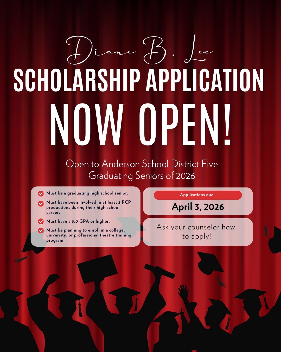 ✨ Hey, Class of 2026! ✨

Applications for the 2026 Diane B. Lee Scholarship are now open!

This scholarship is given annually to an Anderson 5 high school senior and PCP participant who meets the following requirements:

➡️ Must be a graduating high 
