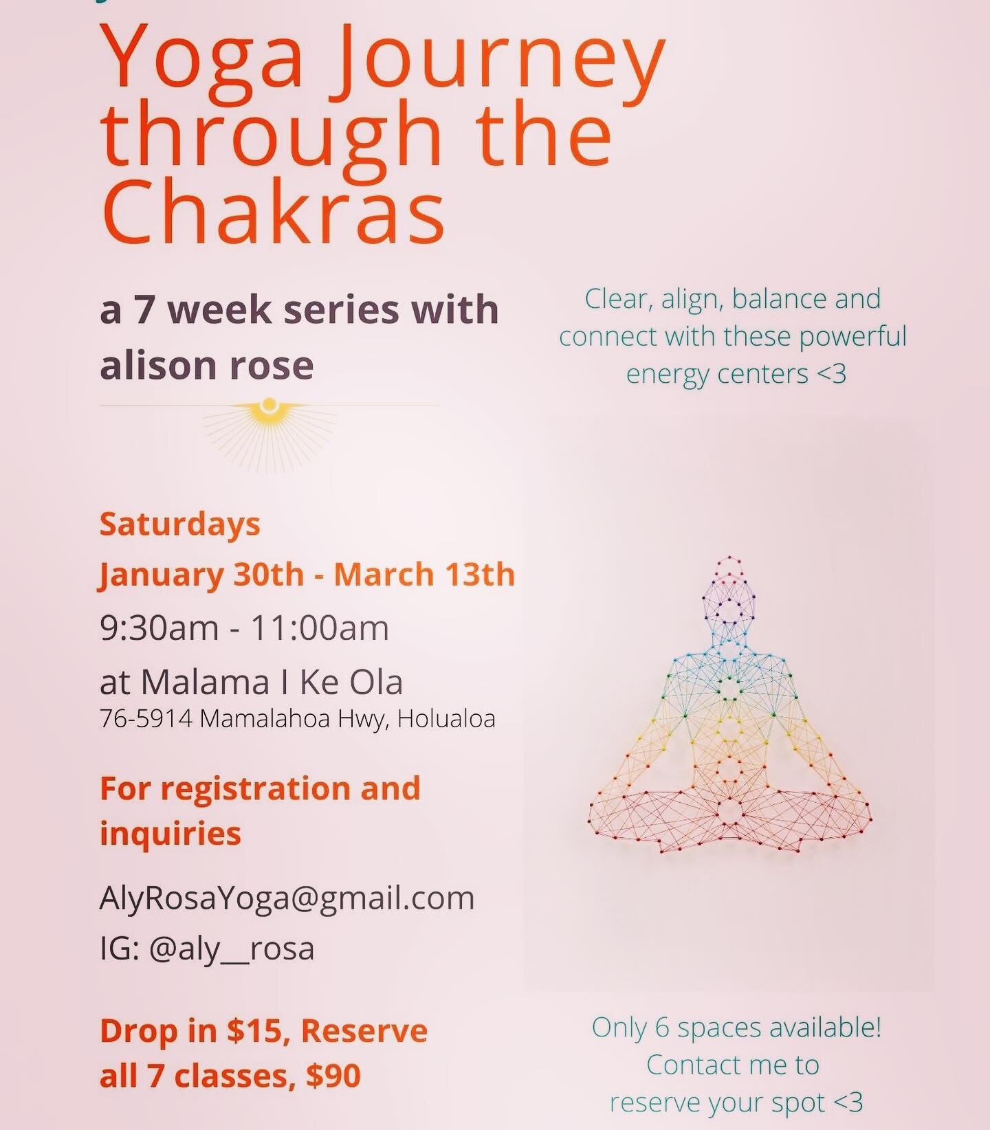 I&rsquo;m excited to delve deeper into the chakras with you! Each week we will explore one of the 7 main chakras. Using asana (physical yoga postures), mudra (symbolic hand gestures), sound, breath &amp; visualization we&rsquo;ll connect within to cl