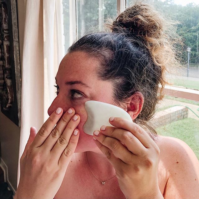 Gua sha- huh 🤷&zwj;♀️ Turned 28, got married, had a baby-💥-forehead wrinkles. What the what. 
I had been practicing facial gua sha religiously in my third trimester to help depuff and just get in some self care, but now is seriously the time to be 