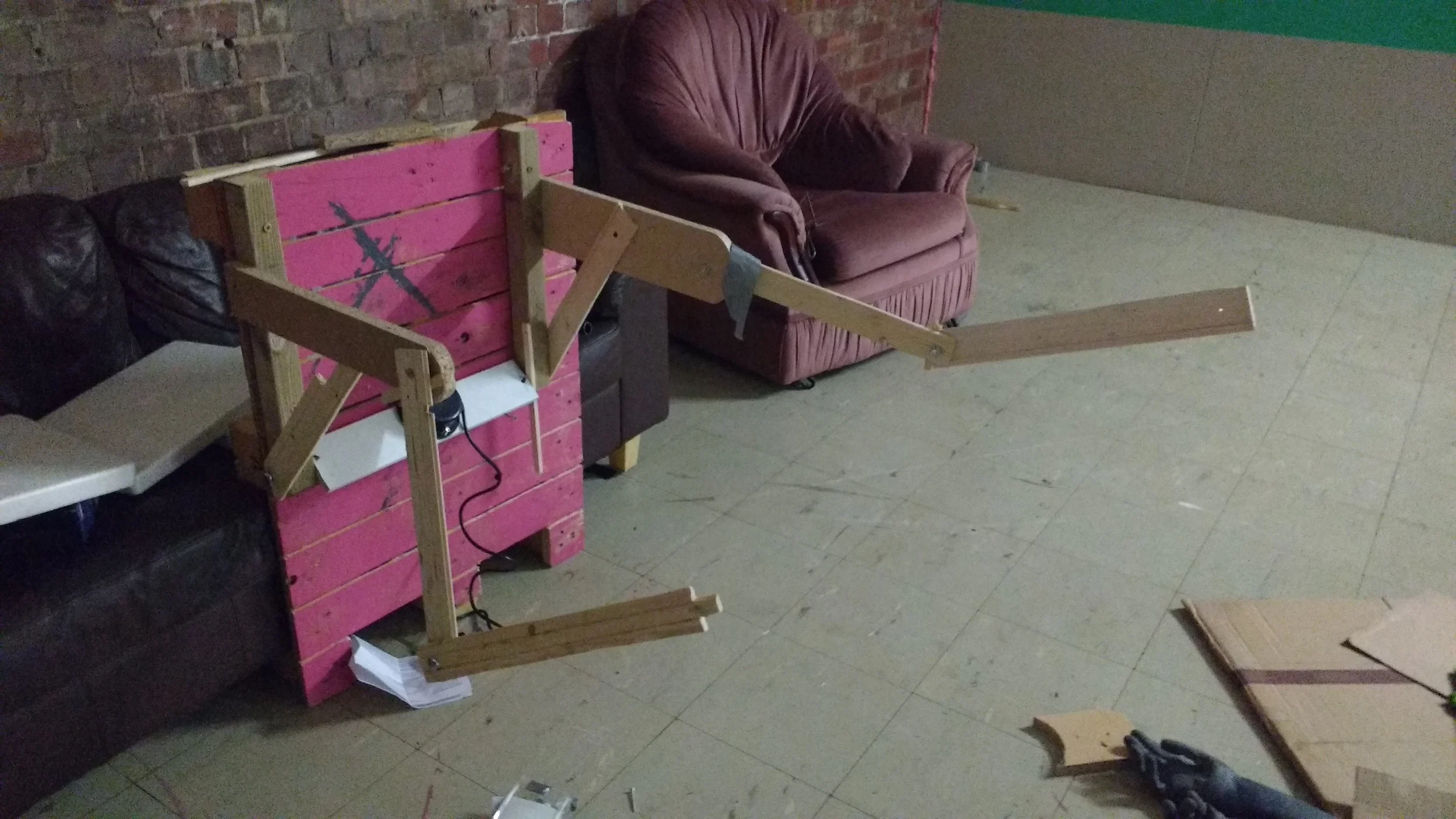 Testing out the wooden frame before transferring it to the wall. Joints are bolted so that I could change around the pose.