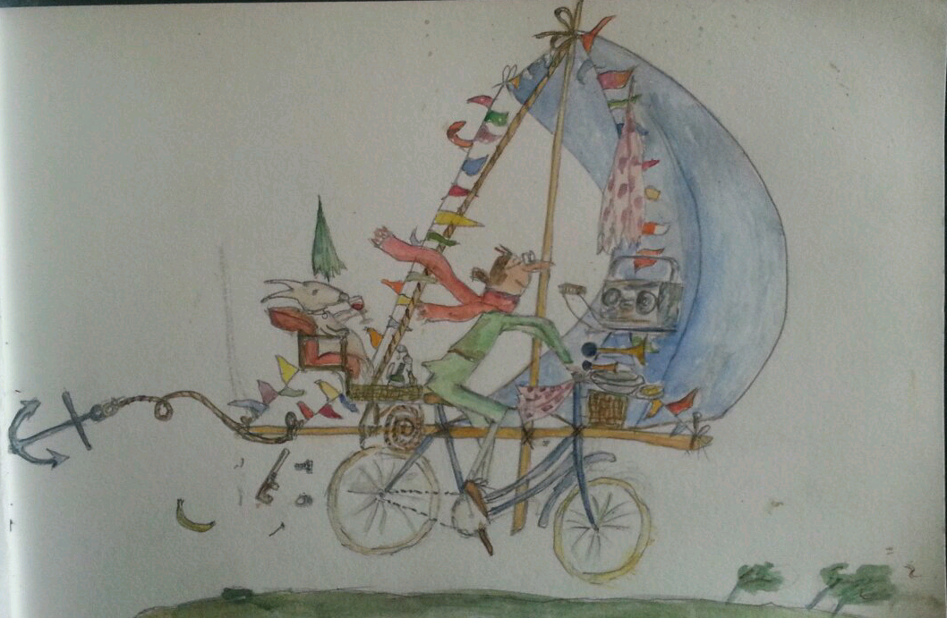Transcription of a scene from Mrs Armitage on Wheels, original illustration by Quentin Blake. Watercolour